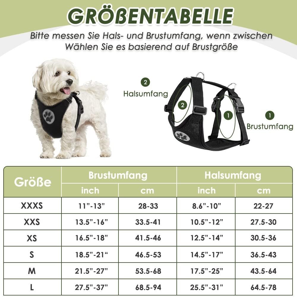 Detalle de SlowTon Hundegeschirr mit Sicherheitsgurt fürs Auto (Schwarz, XXXS) – atmungsaktives Latex-Netzgewebe