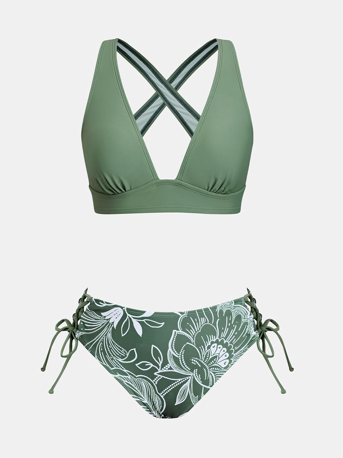Detalle de CUPSHE Damen Bikini Set V-Ausschnitt Lace Up Bademode Crossback – Zweiteiliger Badeanzug