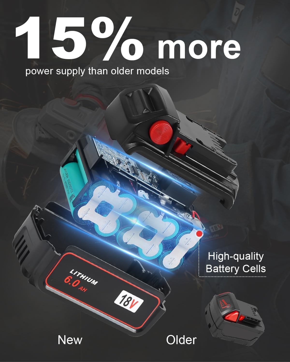 Detalle 2 de Aoasur NI1860 4-Pack 18V Replacement Batteries, 6.0Ah with LED Indicators