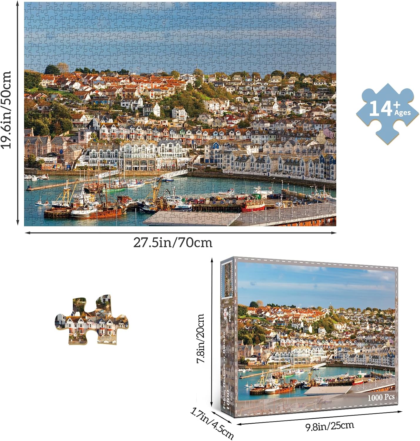 Detalle 1 de HUADADA Brixham Hamn-pussel, 1 000 bitar, 70 × 50 cm med matt yta