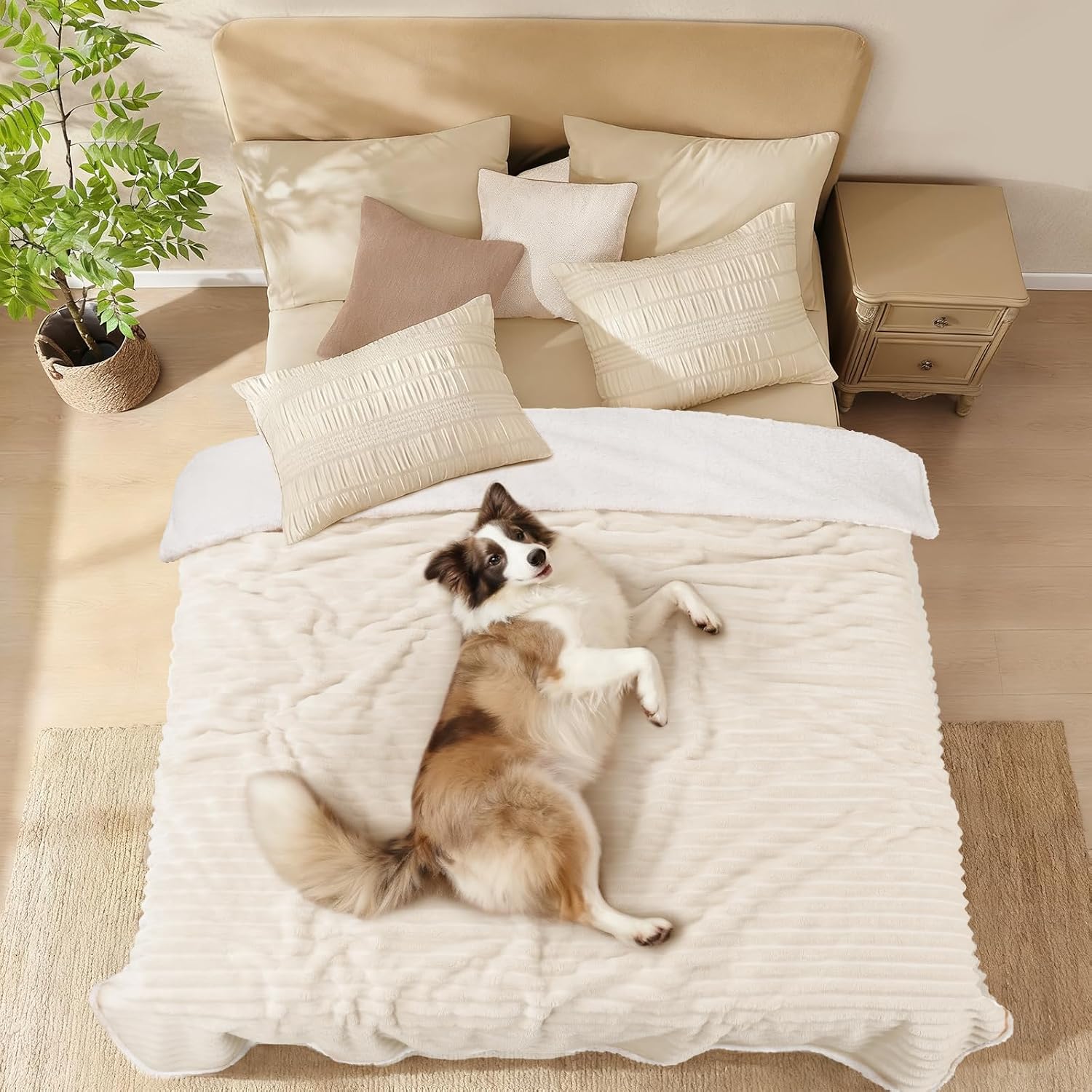 Detalle de Luciphia wasserdichte Hundedecke – Wendbar, waschbar, Sherpa-Fleece, 71 × 102 cm, Beige/Weiß