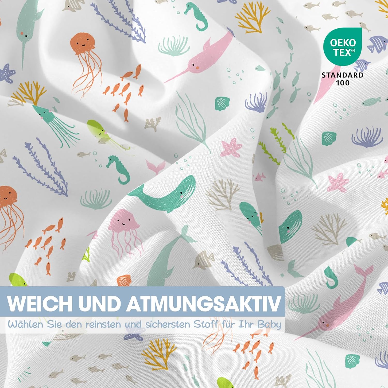 Thumbnail 5 de Little Grape Land Spannbettlaken für Baby-/Kinderbett 60x120 cm (4er Set) – atmungsaktive Mikrofaser, OEKO-TEX, Meereswelt/Muschel
