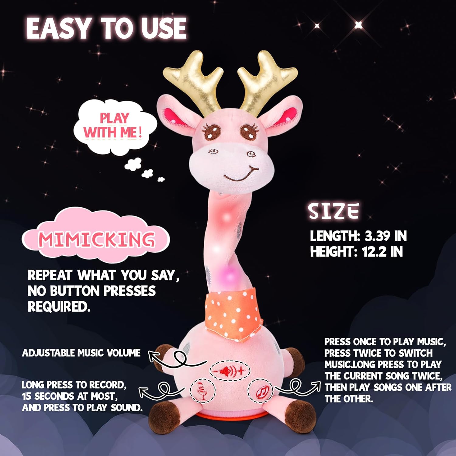 Thumbnail 5 de Edencomer Sprechende Giraffe Kuscheltier (Singend, Tanzend) mit Lautstärkeregler – rosa