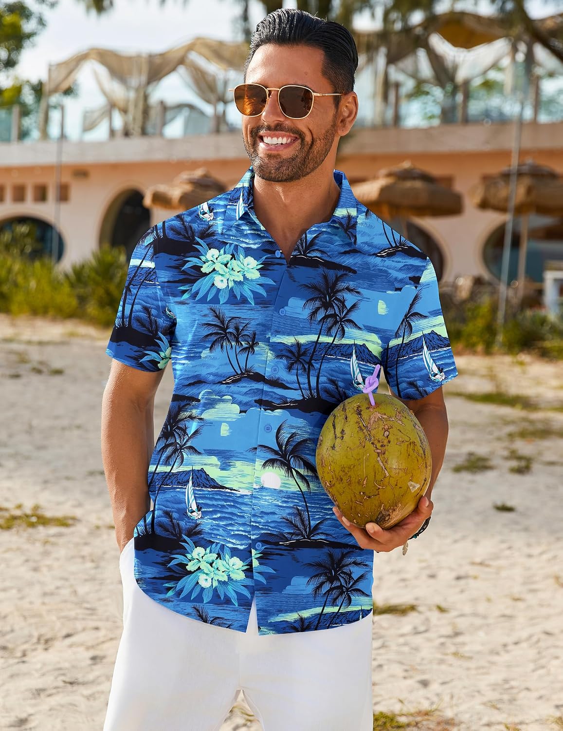 Detalle de COOFANDY Hawaii Hemd für Herren – Kurzarm Sommerhemd im tropischen Blumen-/Aloha-Design