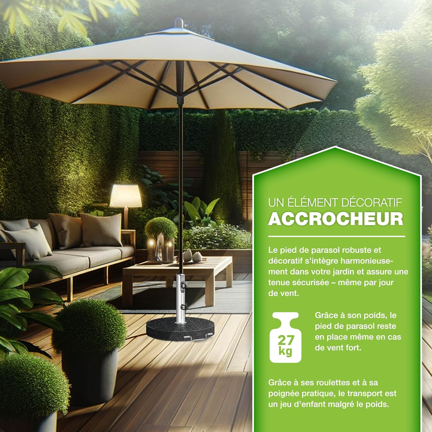 Thumbnail 5 de Pied de parasol tillvex rond en granit de 27 kg avec roulettes et tube en acier inoxydable