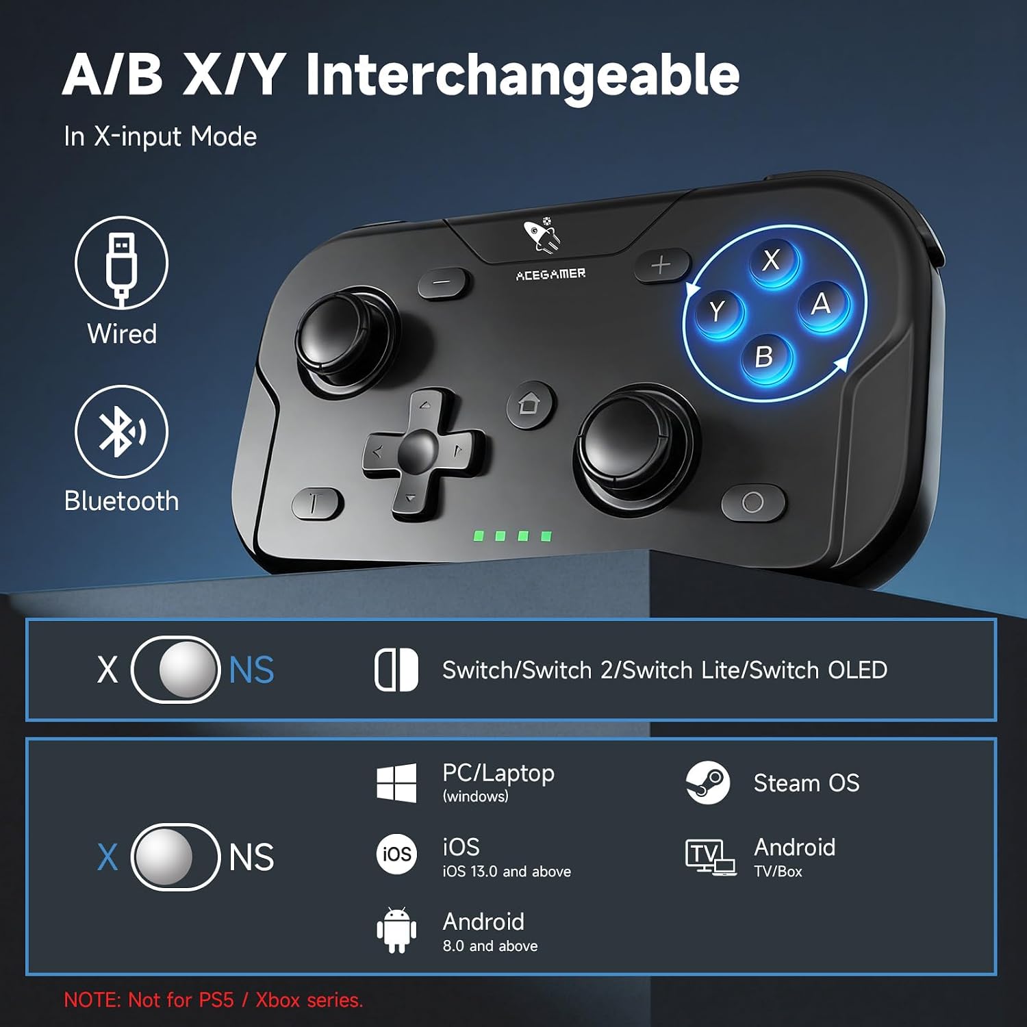 Detalle 2 de AceGamer 2-Pack Wireless Pocket Controllers with Bluetooth, Gyro and Turbo