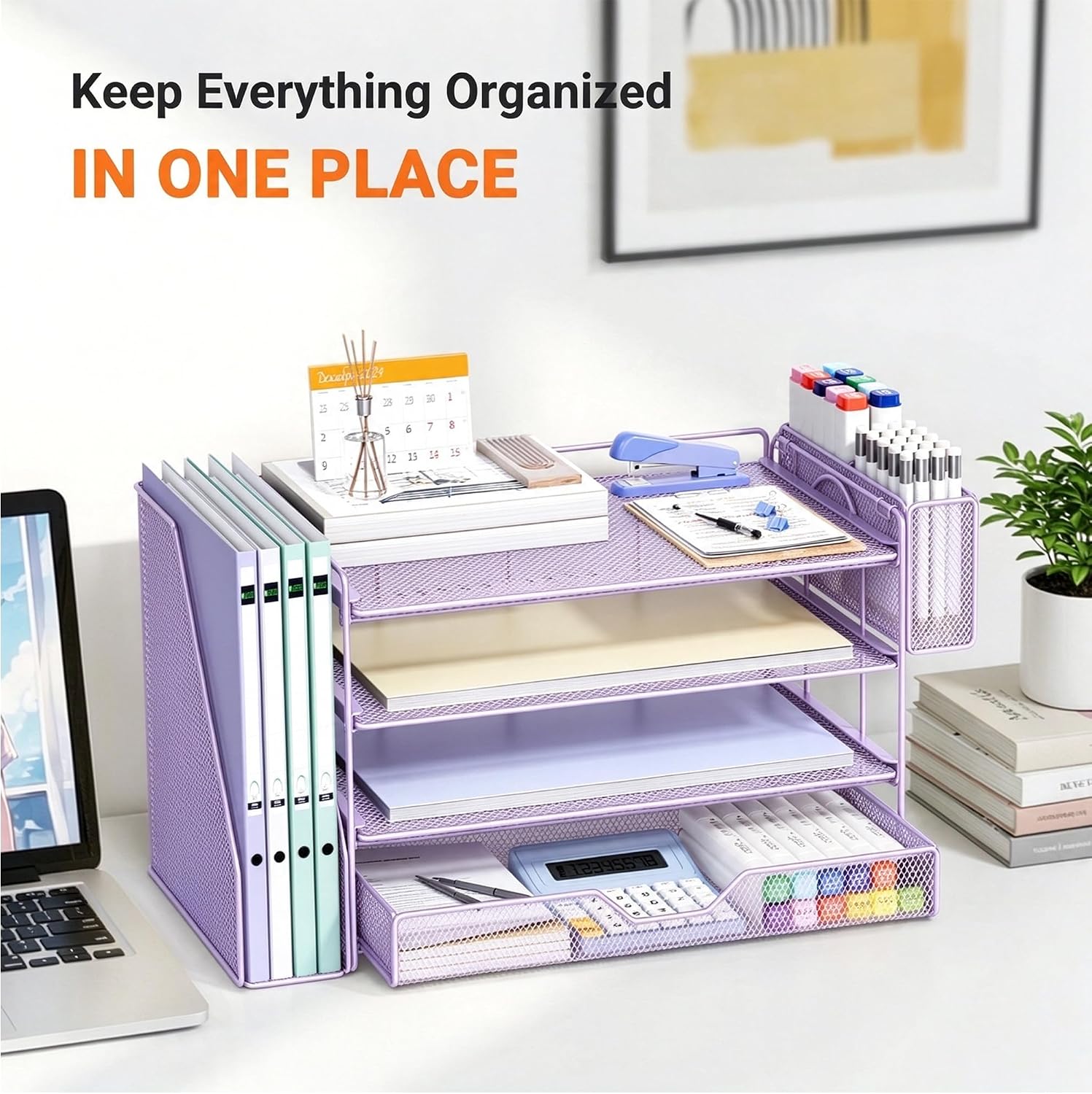 Detalle de Gugsey Desk File Organizer: Purple Metal Organizer with Drawer and Pen Holder