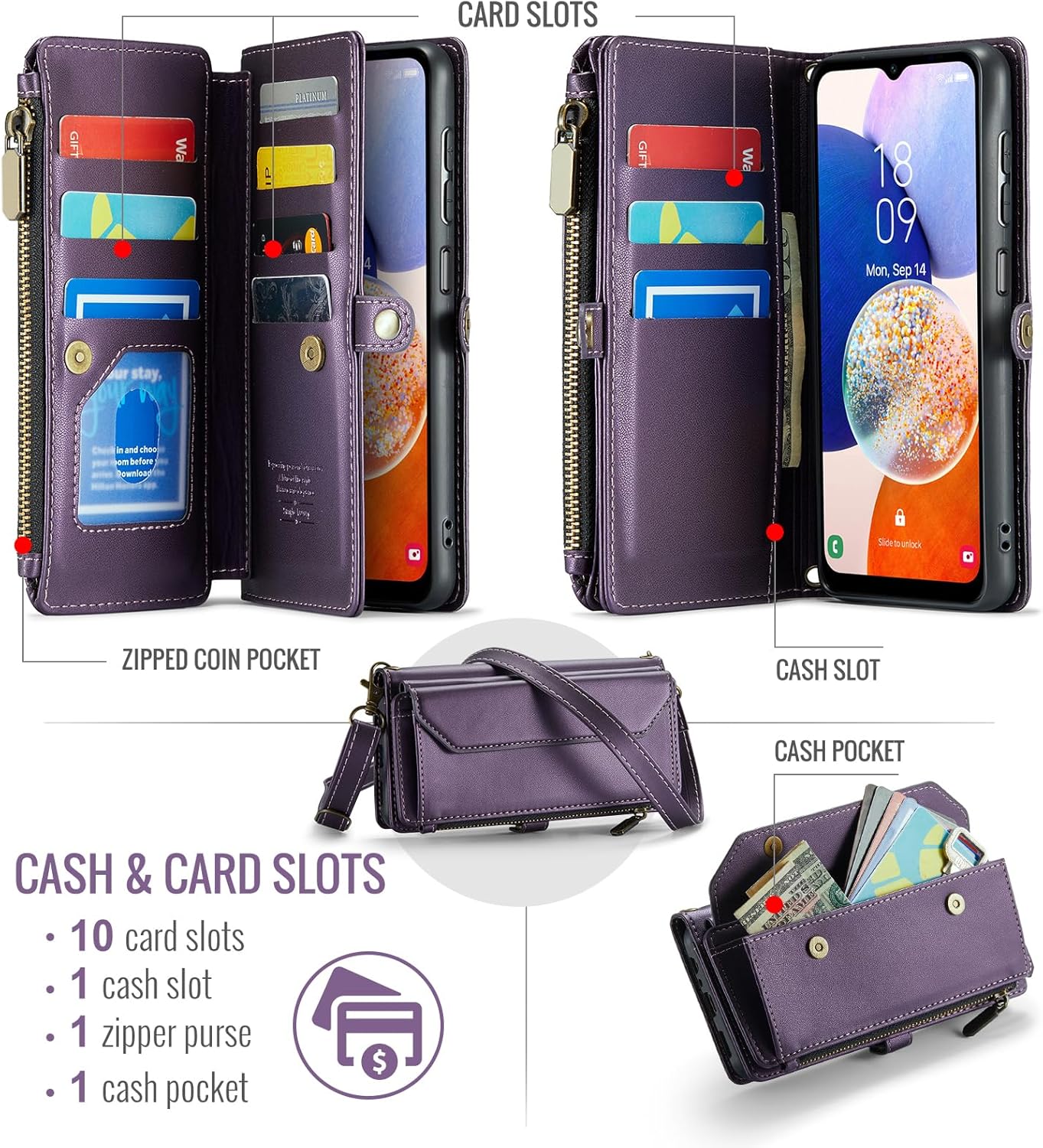 Thumbnail 1 de Phone Case for Samsung Galaxy A14/M14 5G with Zipper Wallet, RFID Blocking & Screen Protector (Purple)