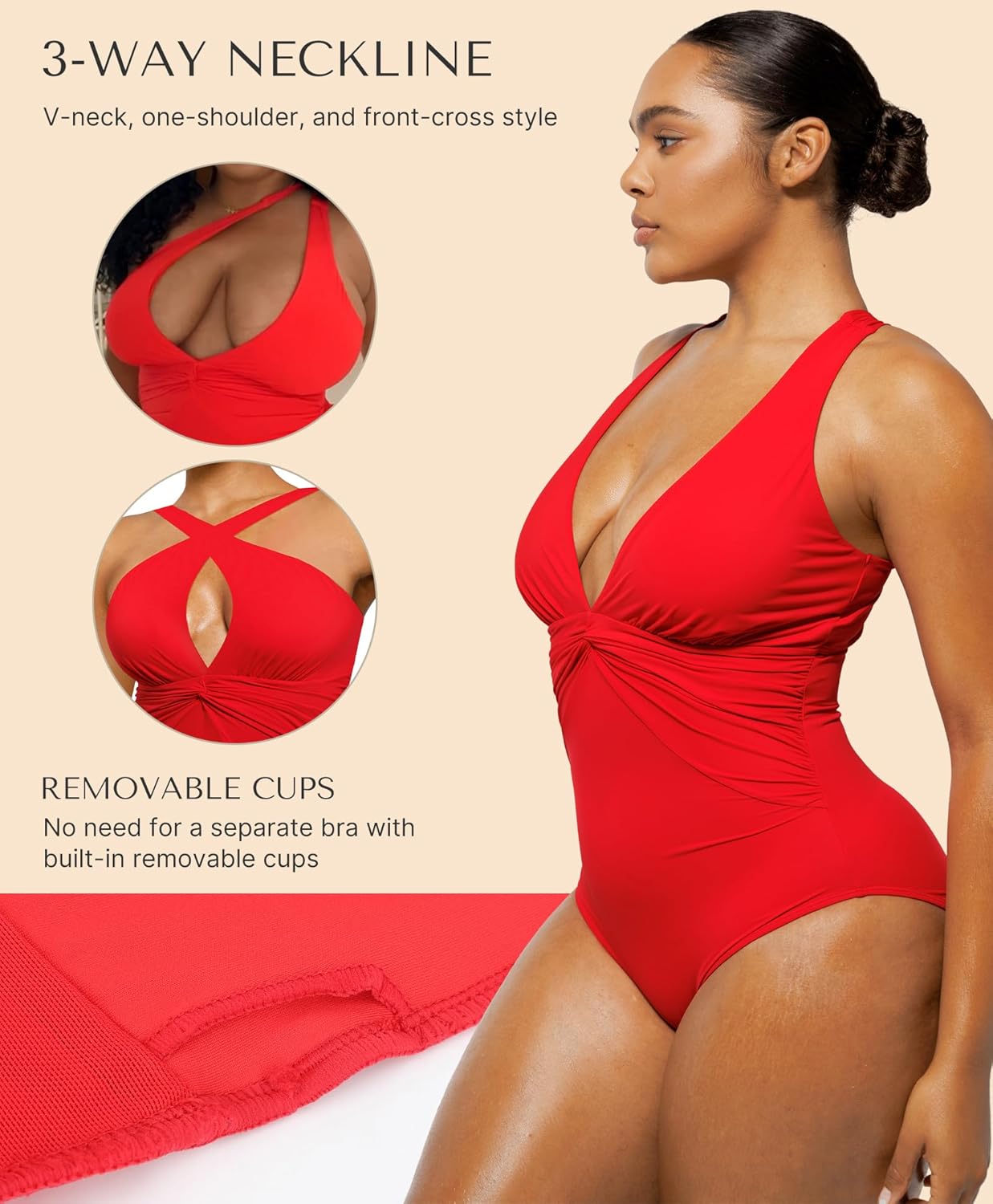 Detalle de SHAPELLX Women’s One-Piece Swimsuit with Tummy Control & Ruched V-Neck