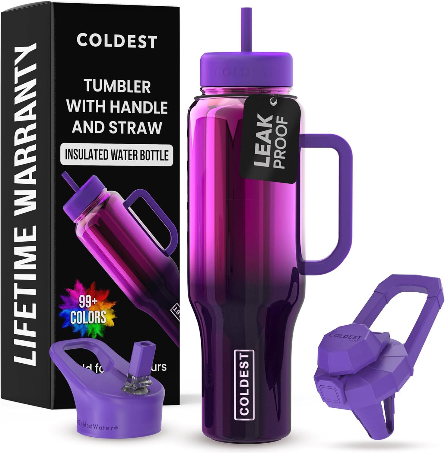 The Coldest Water Coldest Tumbler with Handle and Straw (46 oz, Purple Nova) with 3 Lids