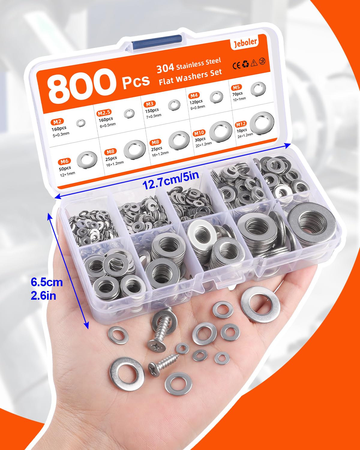 Thumbnail 4 de Jeboler Unterlegscheiben-Set (800 Stück) aus Edelstahl A2/V2A für Schrauben & Bolzen M2 bis M12