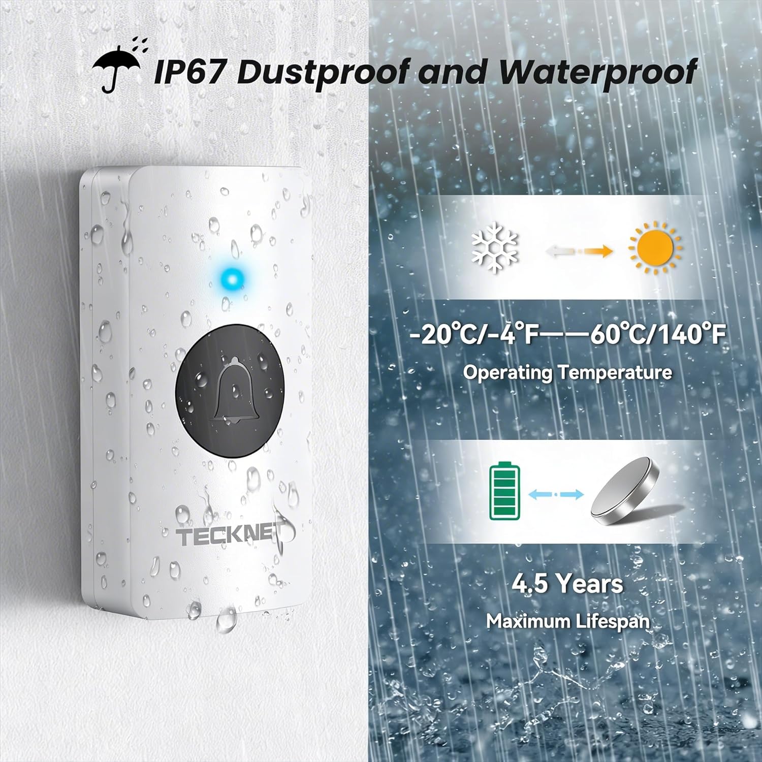 Thumbnail 2 de TECKNET Wireless Doorbell Kit with 2 Push Buttons & 4 Receivers