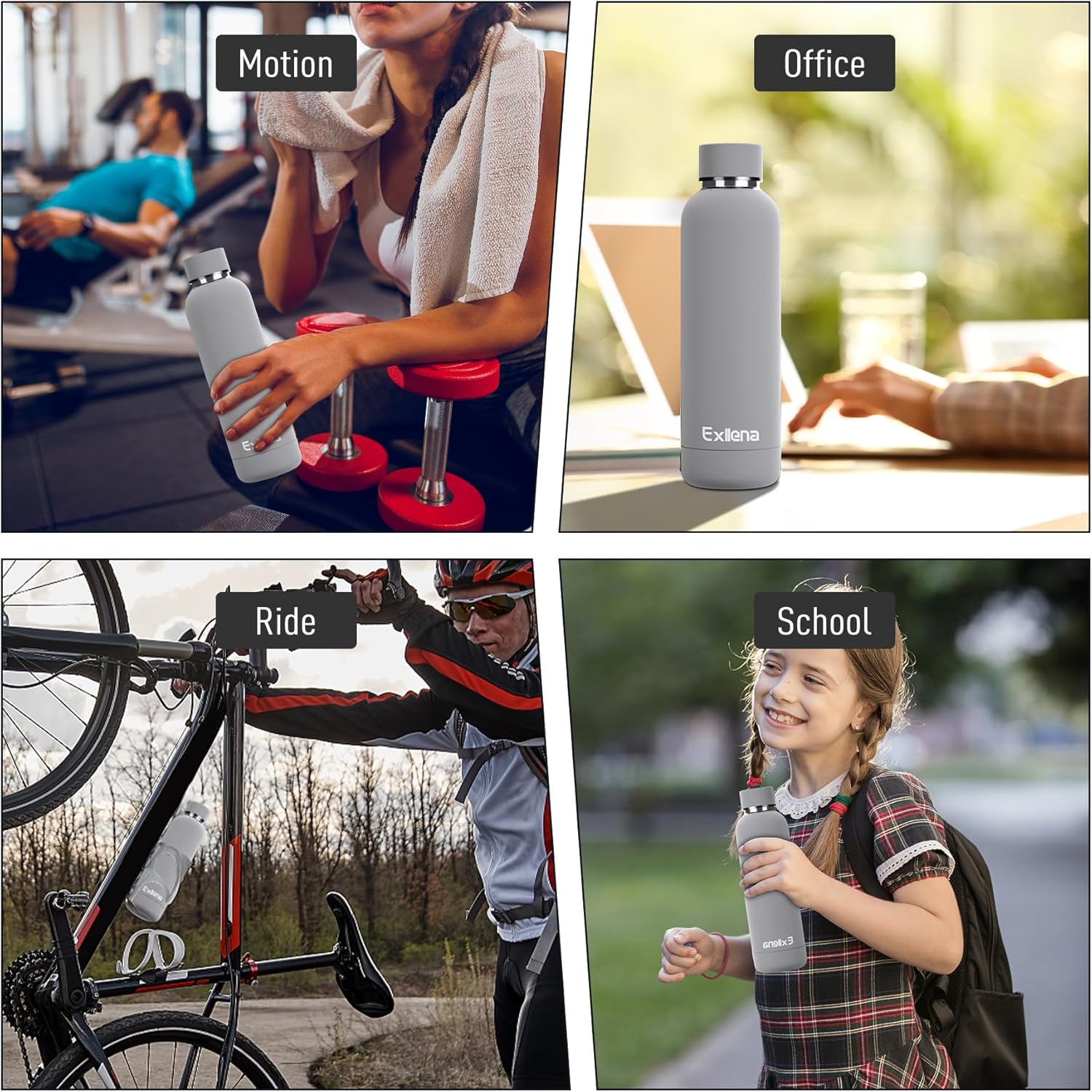 Thumbnail 6 de Exllena insulated water bottle 500ml with clip – double-wall vacuum drinks bottle (grey)