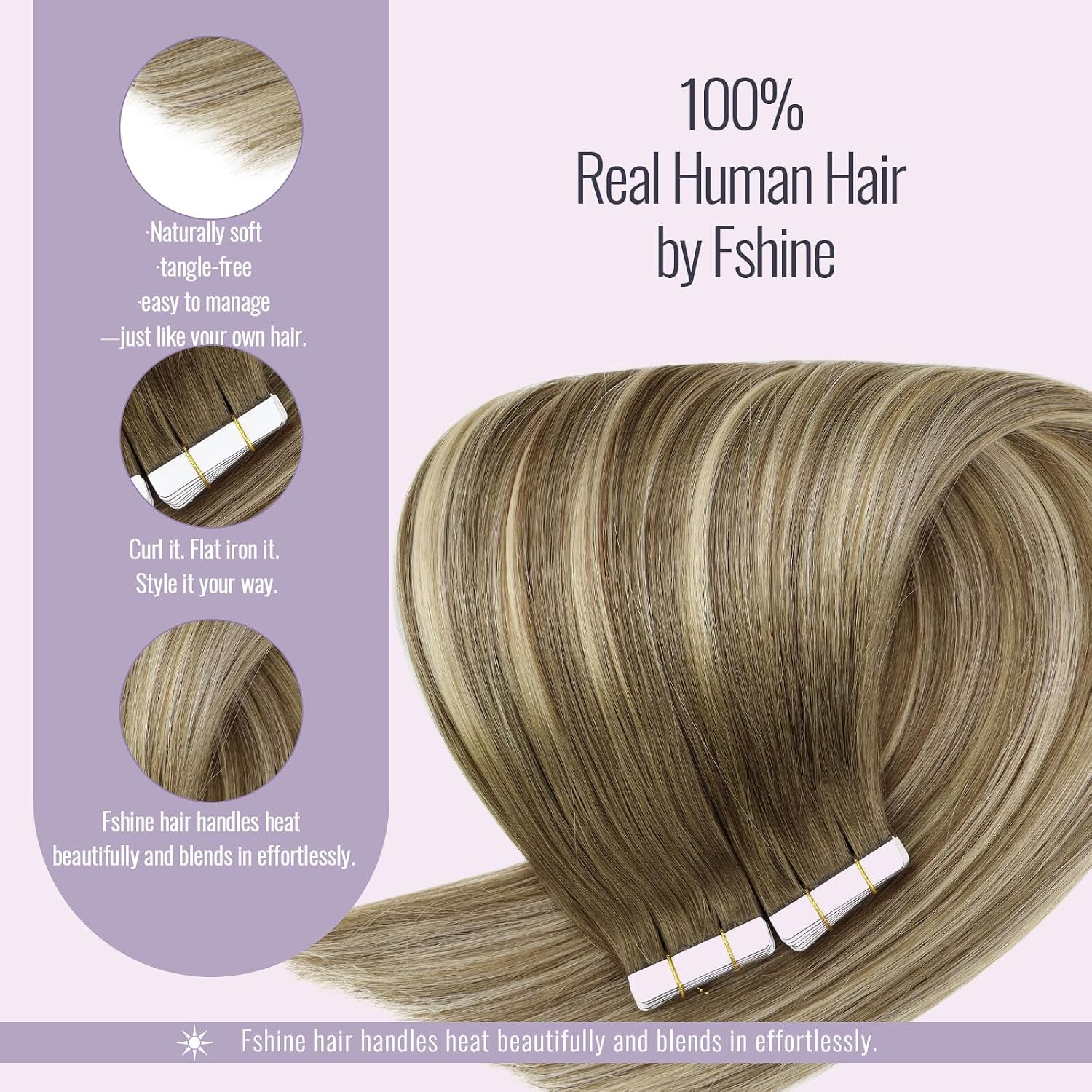 Detalle 2 de Fshine Invisible Tape-In Extensions Echthaar 50 cm | 20 Stücke, Wärmebalayage, Mittelbraun bis Platinblond