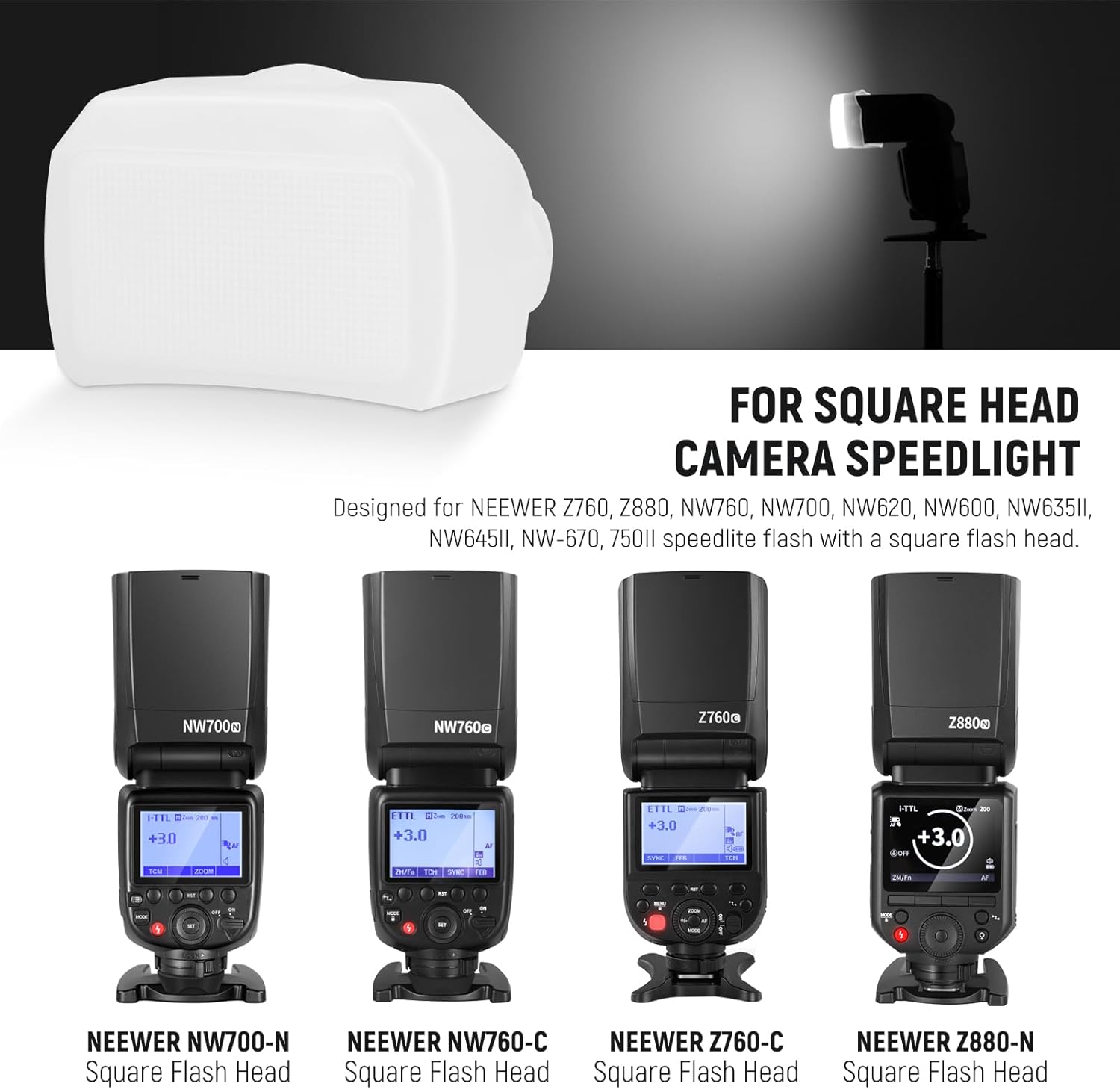 Thumbnail 4 de NEEWER Square Flash Diffuser for Speedlite (Square Head) – Diffusion Panel for Z880, Z760, NW760, NW700, NW620, NW600, NW635II, NW645II, NW-670, 750II and FA002