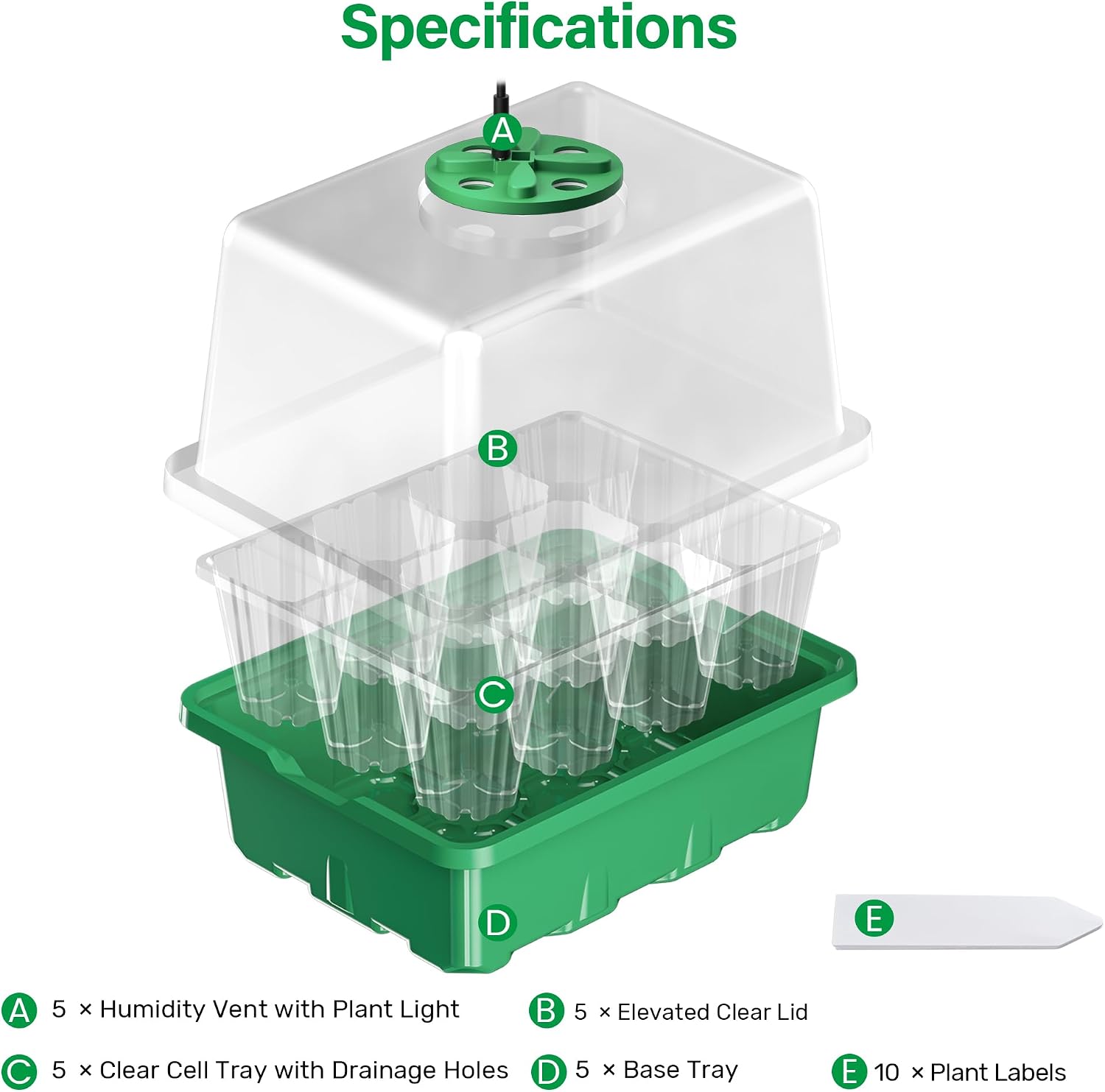 Detalle 2 de Bonviee No1 Seed Starter Tray Kit, 60 Cells, 12-LED Grow Lights, Green, 5-Pack