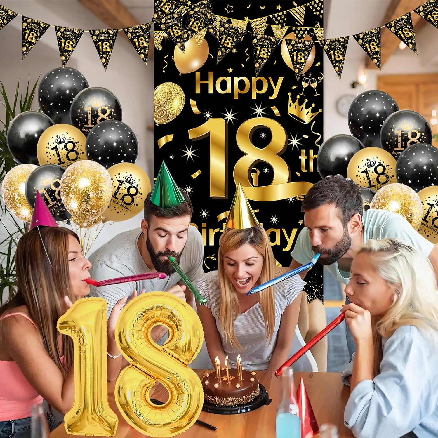 Thumbnail 1 de 18th Birthday Decorations for Boys & Girls – Black & Gold Balloons with 18 Banner, Garland, Confetti, and 18 Balloons