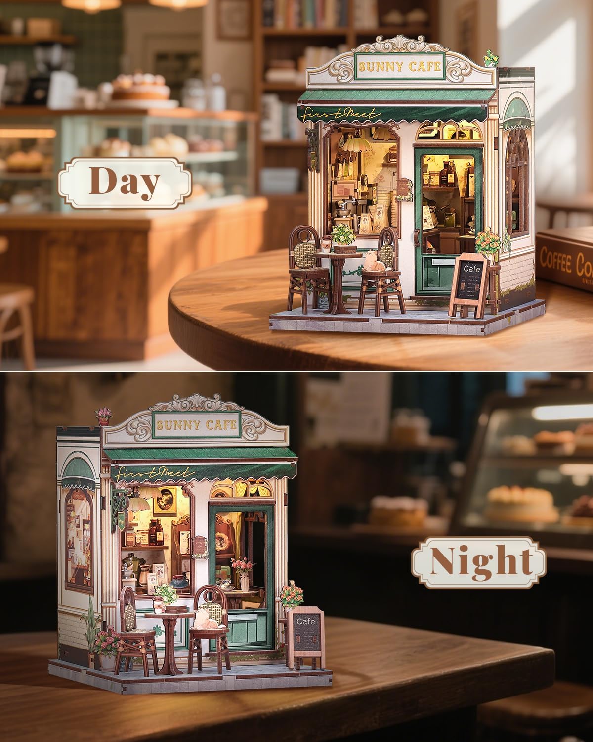Thumbnail 3 de CUTEBEE Book Nook Kit – Casa delle Bambole Miniature con Luci LED e Fermalibri in Legno 3D (Sunny Cafe)