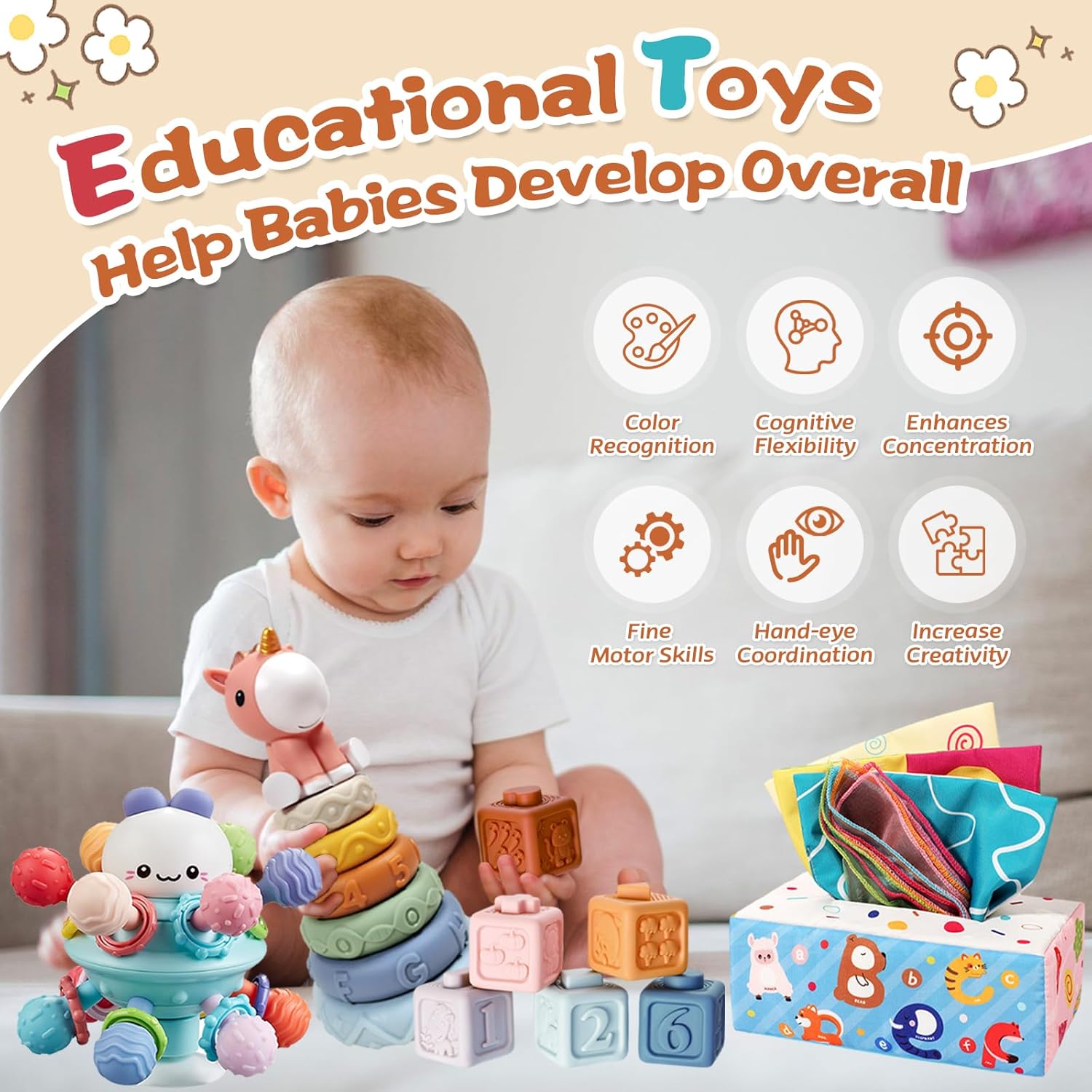 Thumbnail 5 de Almaxi Babyspielzeug 6–12 Monate bis 3 Jahre, 4-in-1 Montessori-Spielset mit Stapel-/Steckspiel, Tücherbox & Beißspielzeug