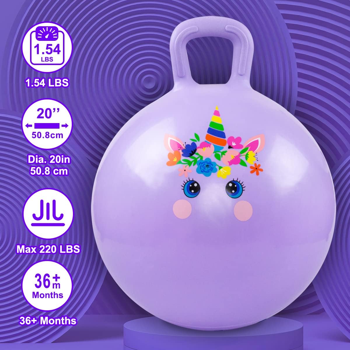 Thumbnail 1 de INPODAK Kids Space Hopper 20 Inch Hop Ball (Ages 5–9) with Handle and Unicorn Design