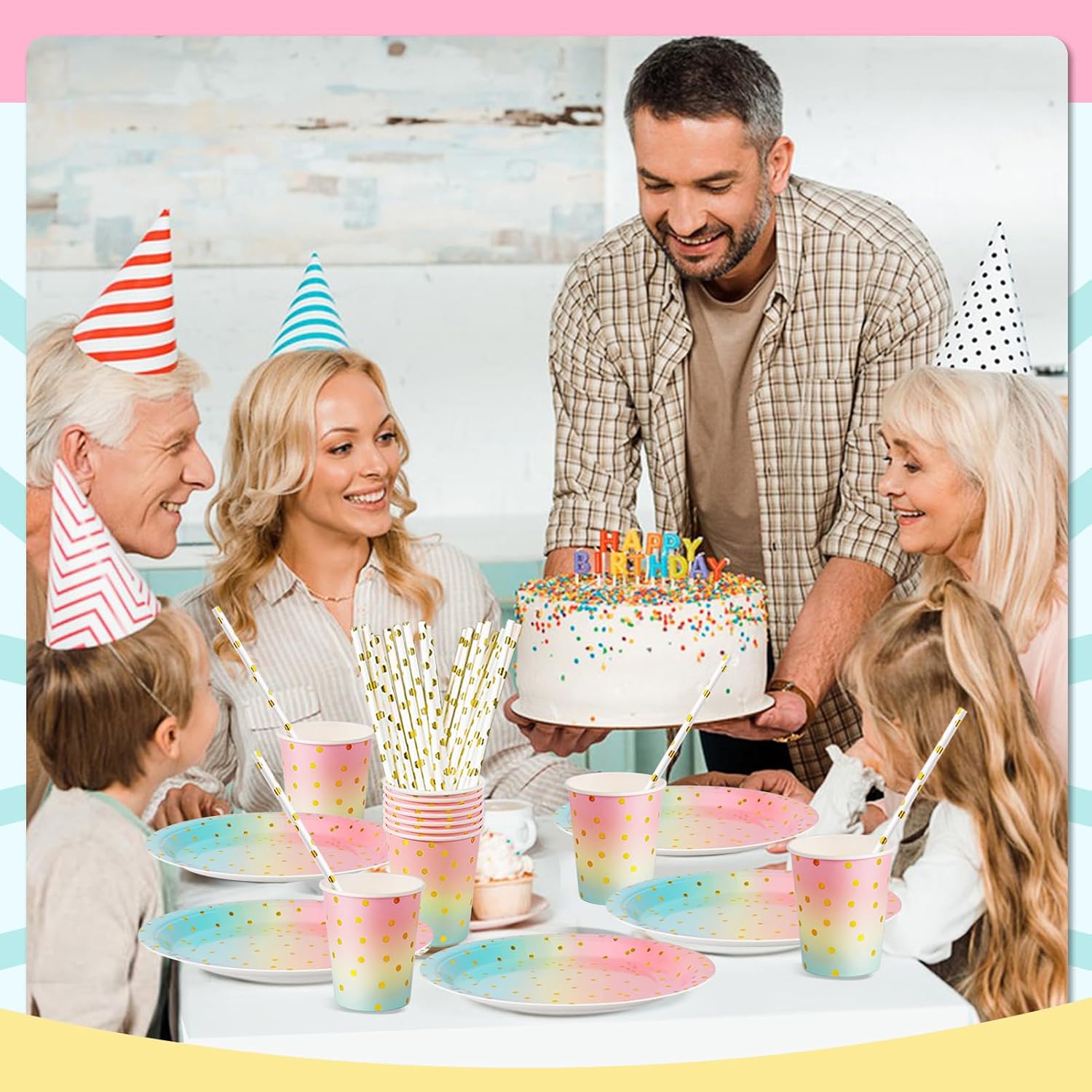 Thumbnail 4 de Nkaiso Partygeschirr-Set Regenbogen, 120-teilig (bis zu 24 Gäste) – Papier-Partygeschirr für Kindergeburtstag & Feiern