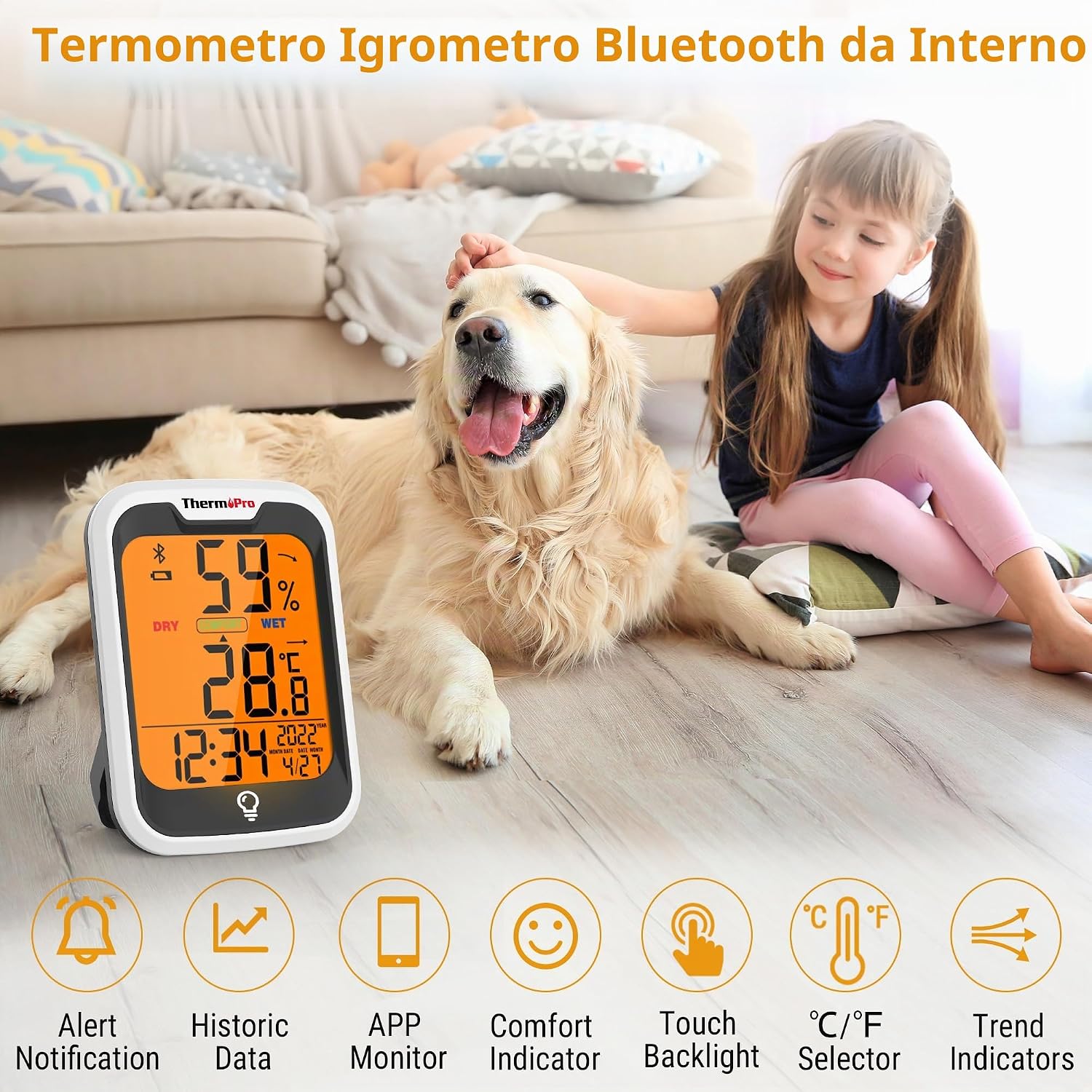 Detalle 2 de ThermoPro TP358 termometro igrometro Bluetooth interno con orologio e retroilluminato, controllo via app