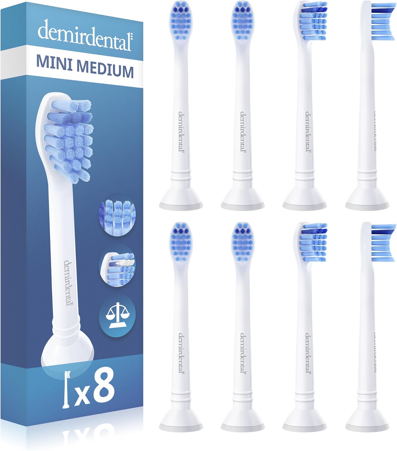 Detalle de 8er demirdental Mini Aufsätze für Philips Sonicare – Medium, kleine Bürstenköpfe, Weiß (HX6028)
