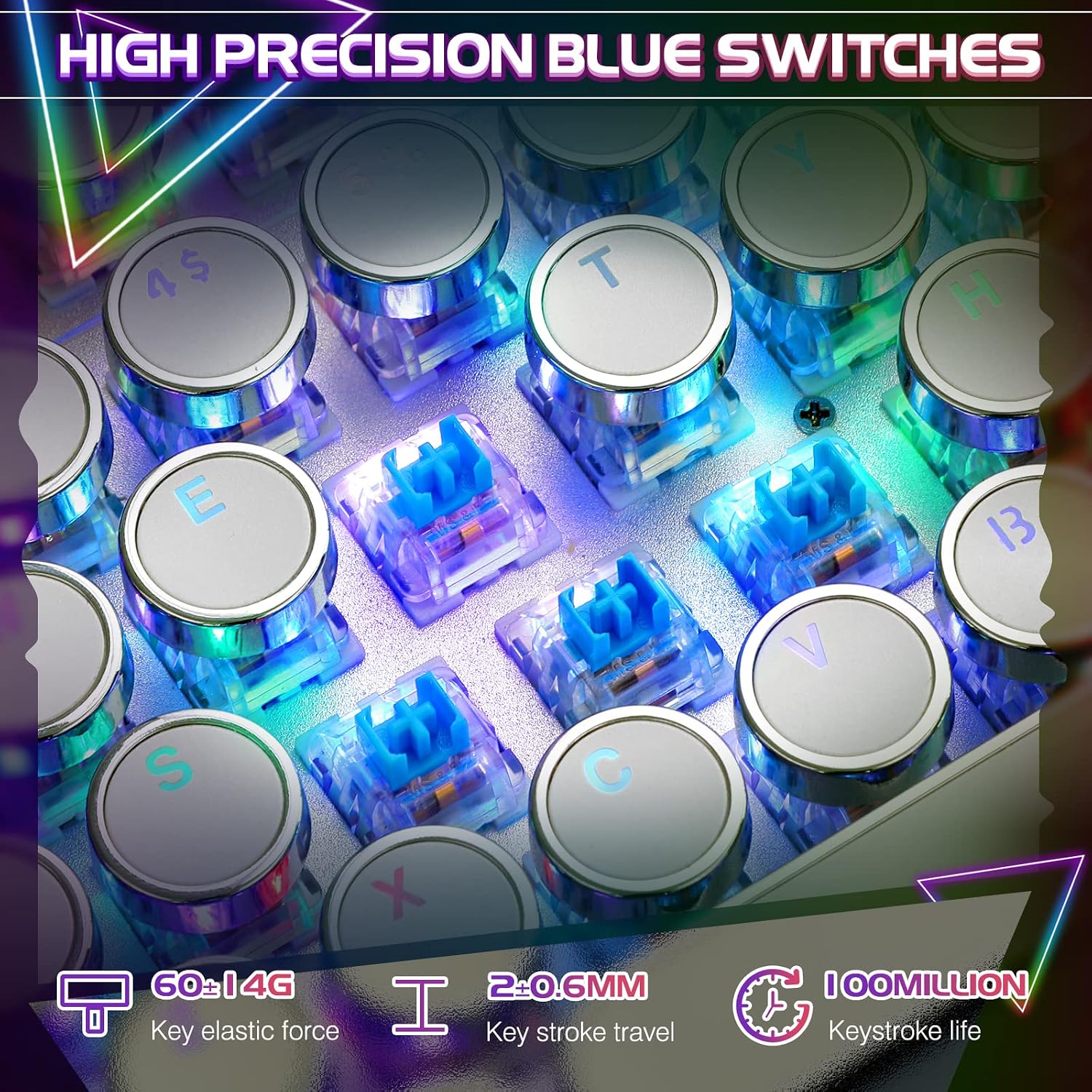 Detalle de YSCP Typewriter Style Mechanical Gaming Keyboard RGB Backlit with Blue Switches, 104 Keys, Wired (R-White)