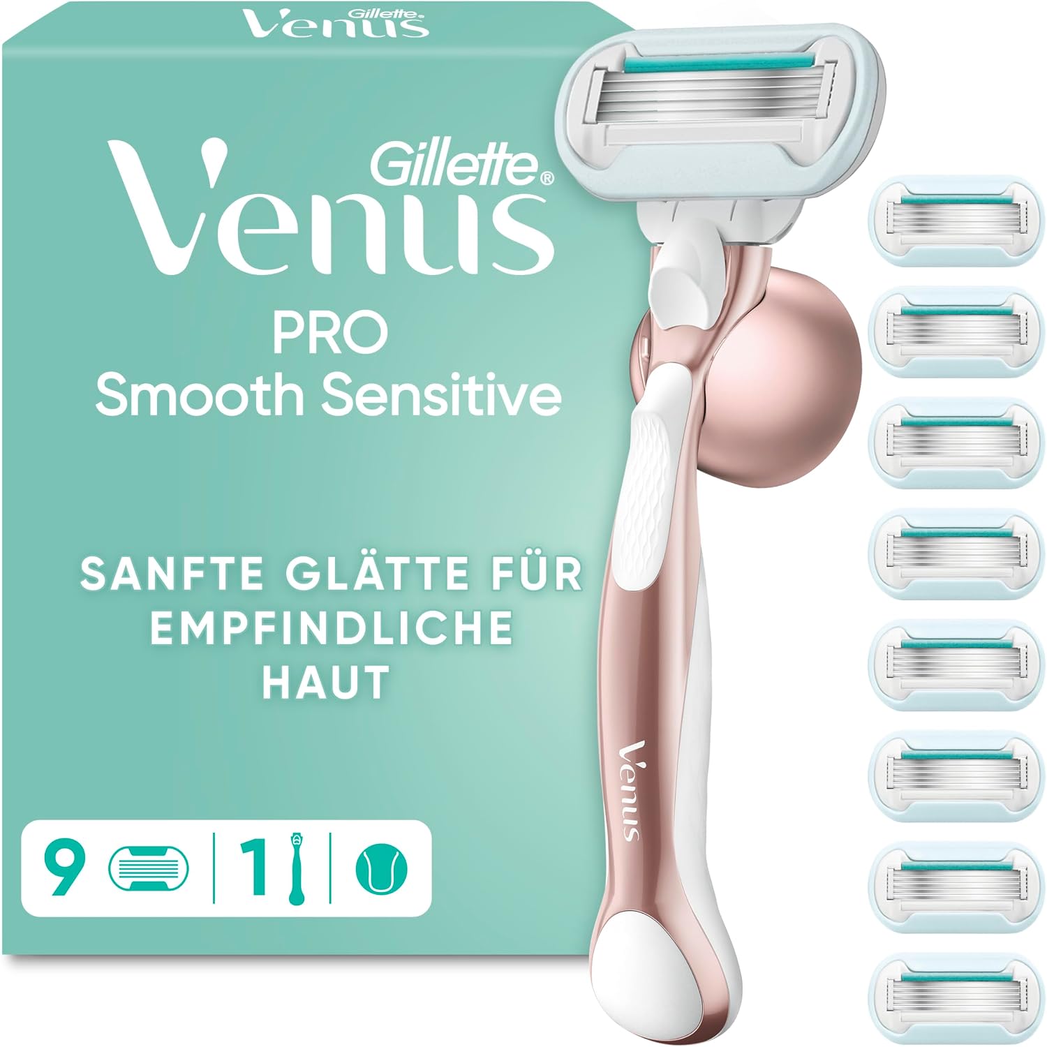 Detalle de Gillette Venus Pro Smooth Sensitive Damenrasierer mit 9 Ersatzklingen – Metallhandstück & Duschhalterung