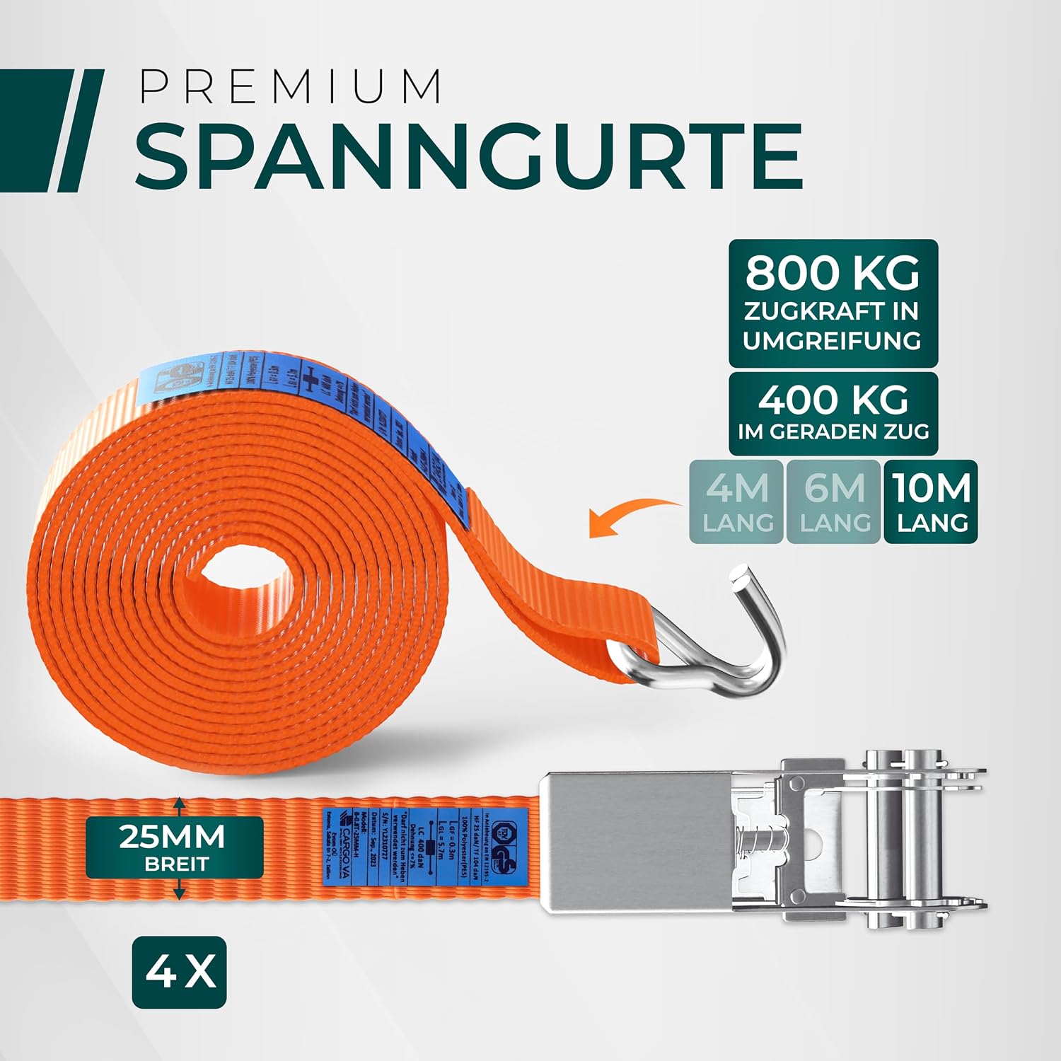 Detalle de Robuste 800 kg Spanngurte mit Ratsche – 4er Set, TÜV/GS geprüft, 25 mm Breite, DIN EN 12195-2