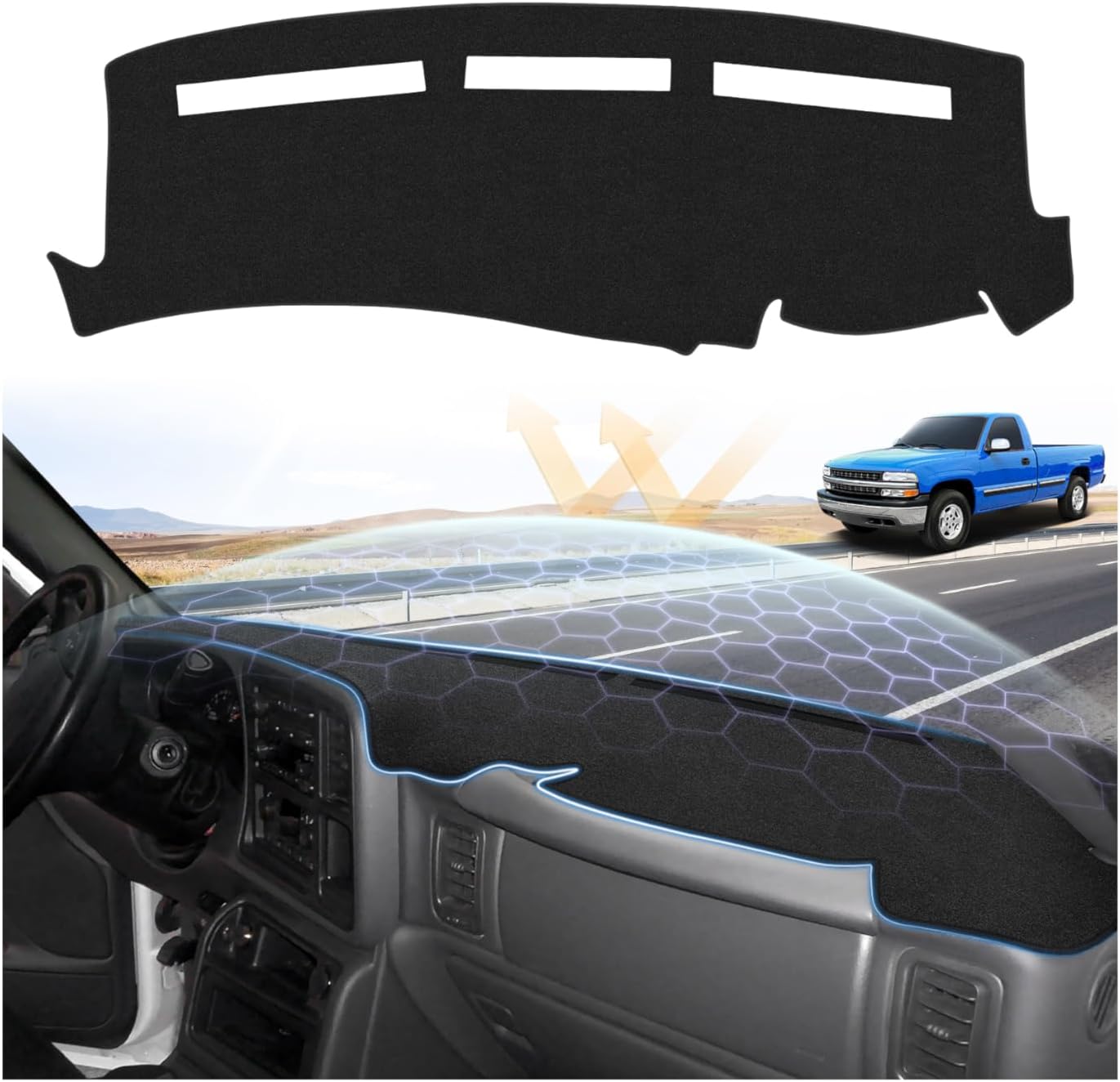 Detalle de Sunsdrew 1999-2006 Dash Cover for GM Trucks and SUVs: Non-Slip, UV-Guard Suede Dashboard Mat