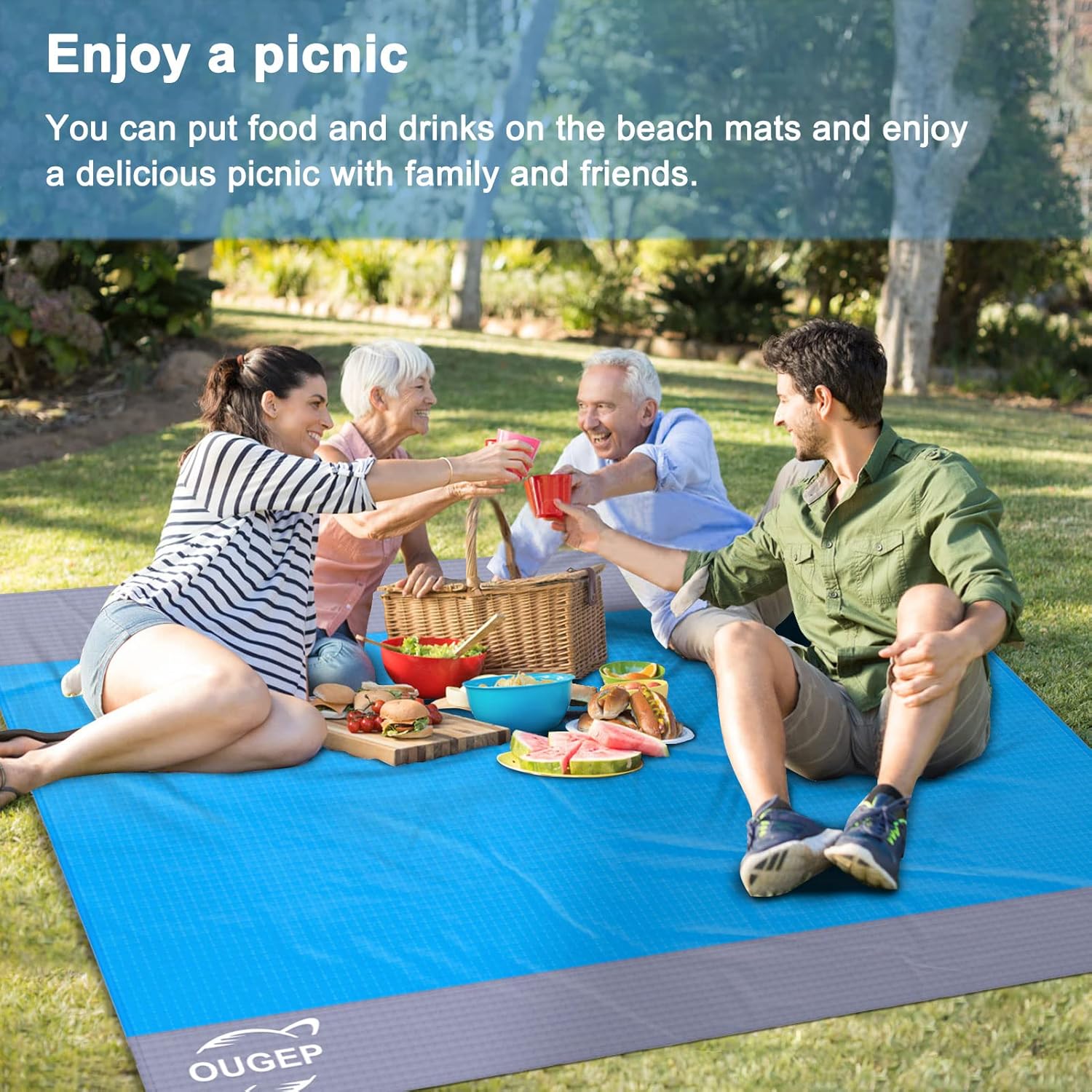 Thumbnail 4 de OUGEP Beach Blanket: 230 x 200 cm Waterproof Picnic Blanket in Blue