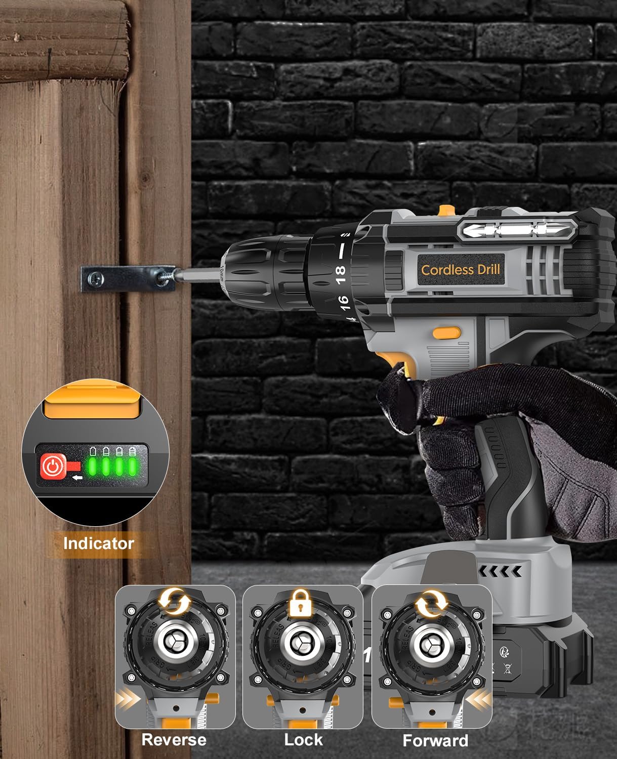 Detalle 2 de LEEIKOO Cordless Drill, 21V Electric Drill 42N.m with 2.0Ah Battery, Combi Set 10mm Chuck, 2 Speeds, 18+1 Torque, LED Light, 20pcs Drill Set for Garden DIY Project, Grey
LEEIKOO Cordless Drill, 21V Electric Drill 42N.m with 2…