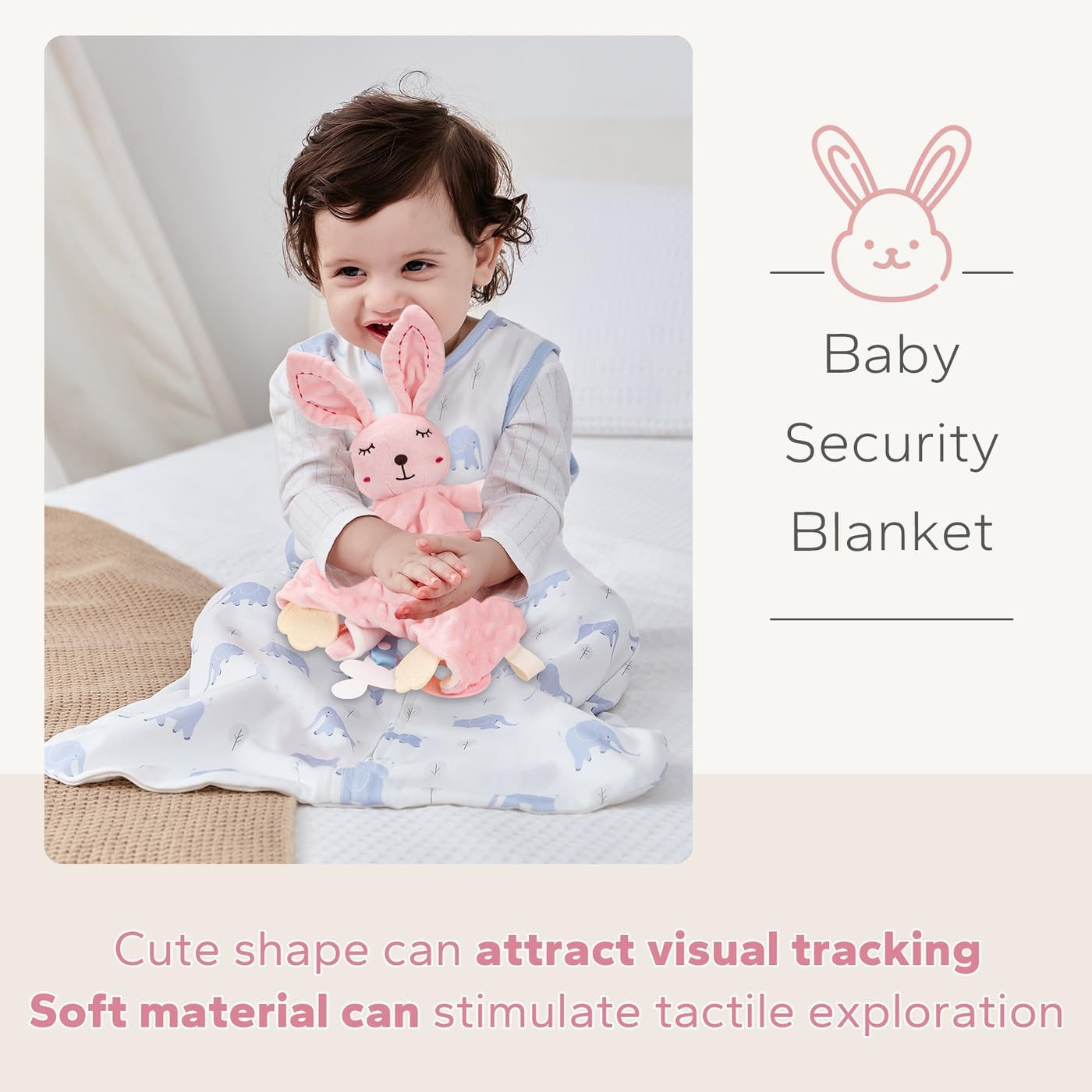 Detalle de ZIGJOY Baby Comforter with Crinkle Foil and Bell – Taggie Blanket Gift for Newborns (Pink Bunny)