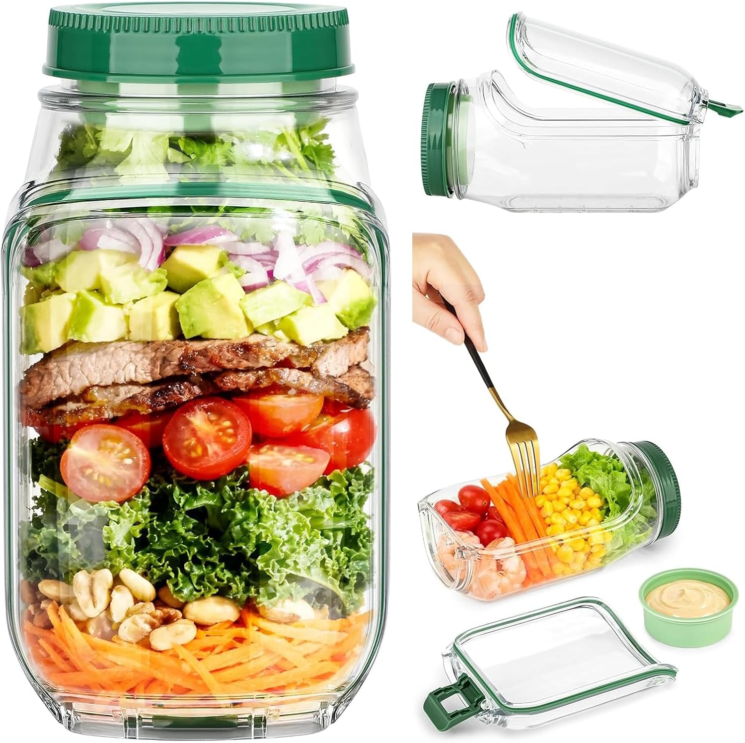 Detalle de VIVIZEN Salad Pod Mason Jar Side Open with Leakproof Dressing Container (1 jar)