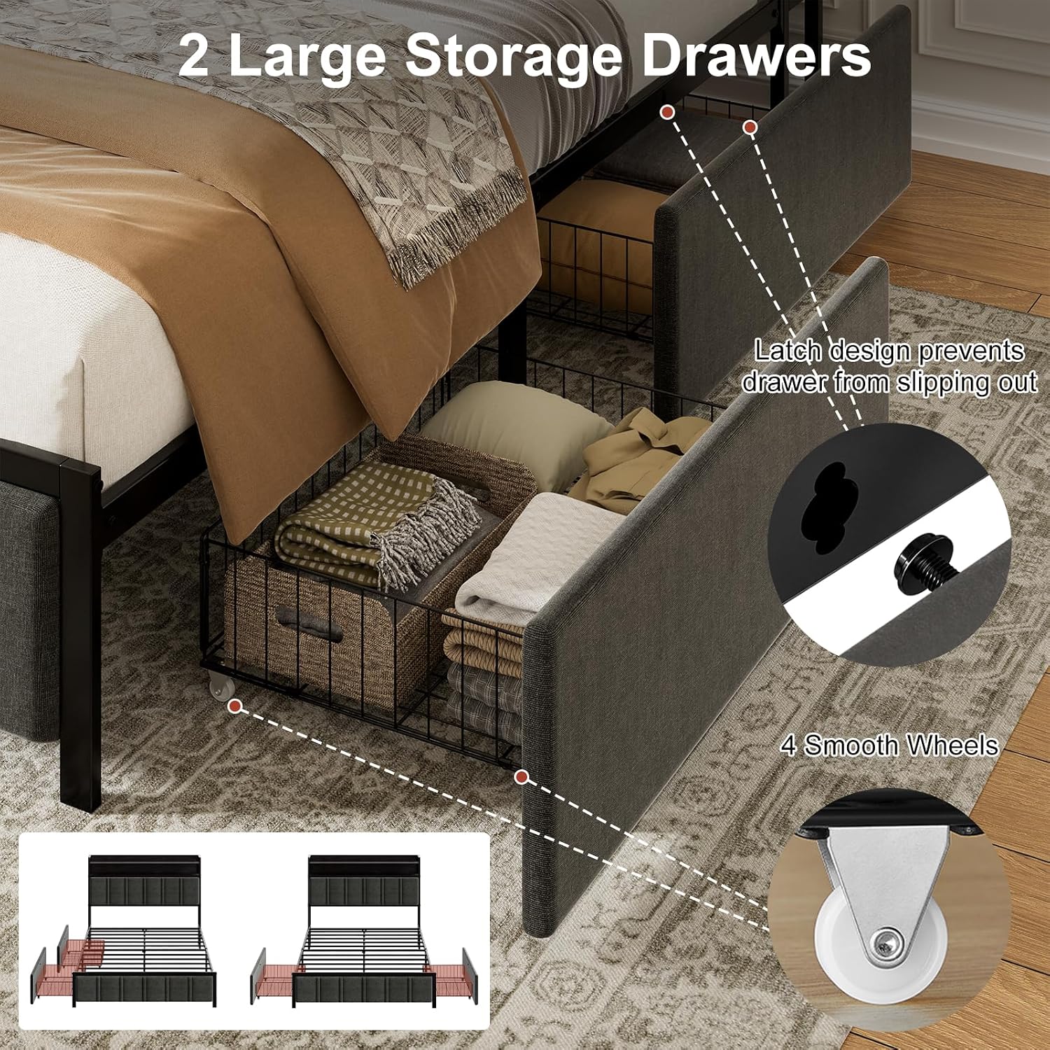 Detalle 2 de Isometrics HB061GKGY Queen Bed Frame with Storage, Grey Upholstery and RGB LED