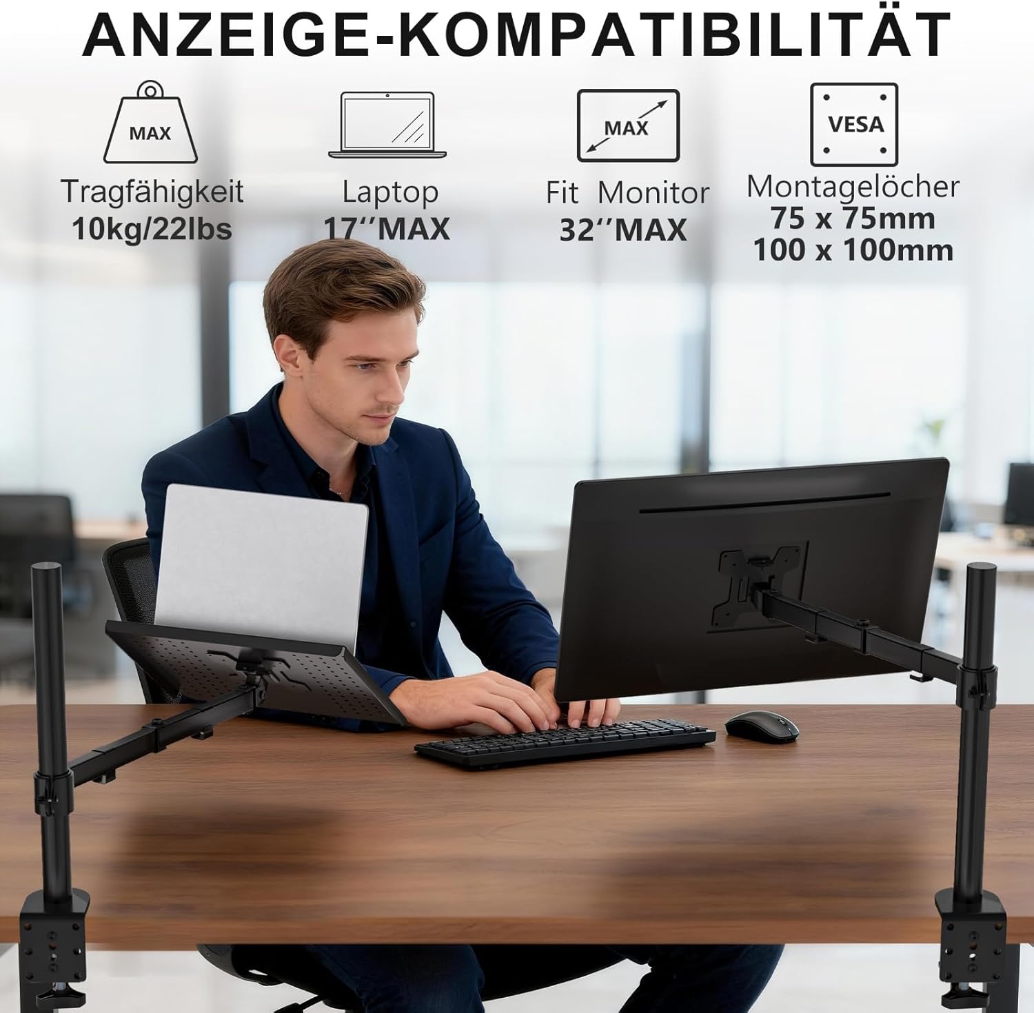 Thumbnail 1 de WALI Laptop-Halterung für den Schreibtisch, 17-Zoll, voll verstellbar bis 10 kg (M00LP) – schwarz