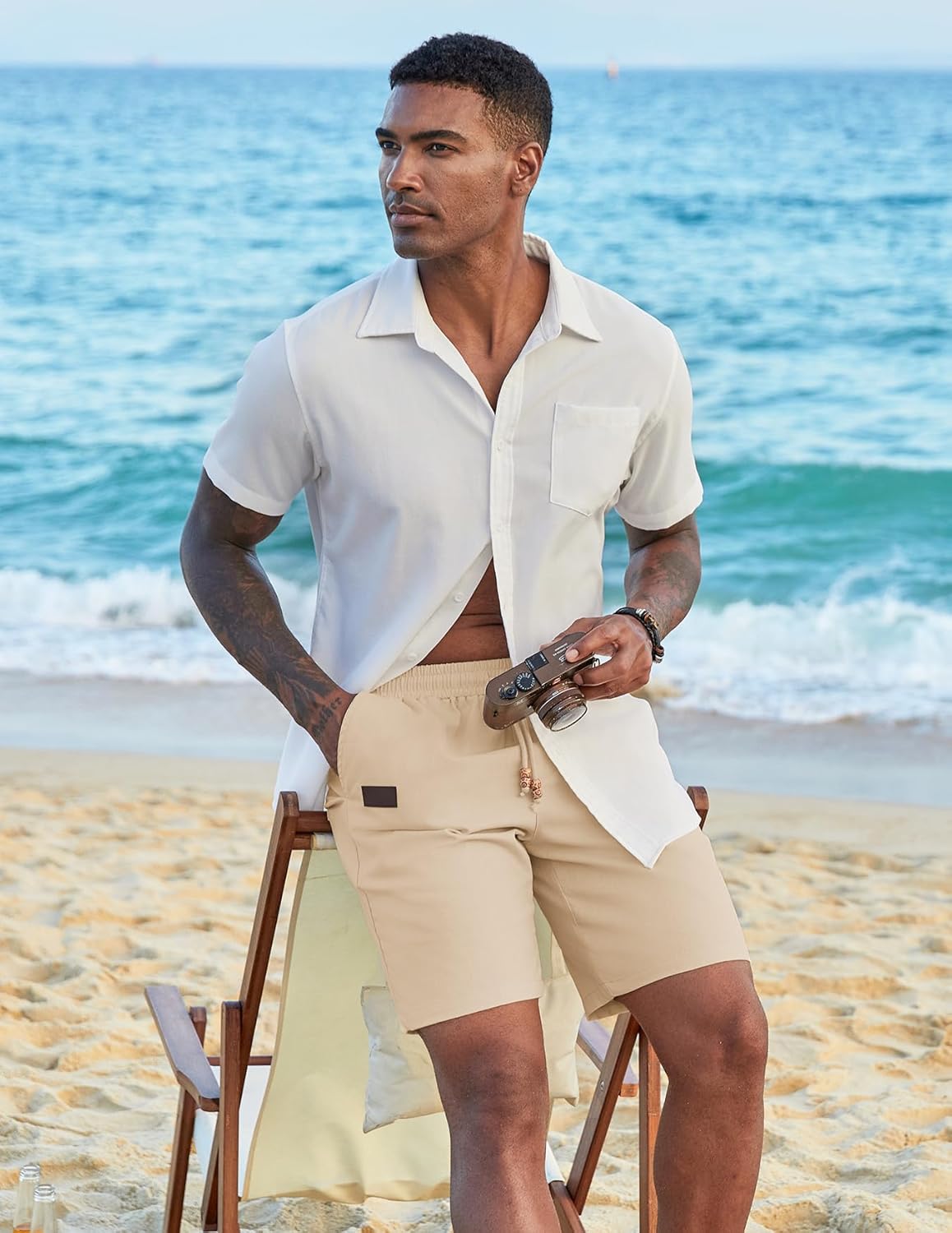 Detalle de COOFANDY Herren Leinen Shorts – Kurze Leinenhosen mit Gummibund und Bohemian-Detail