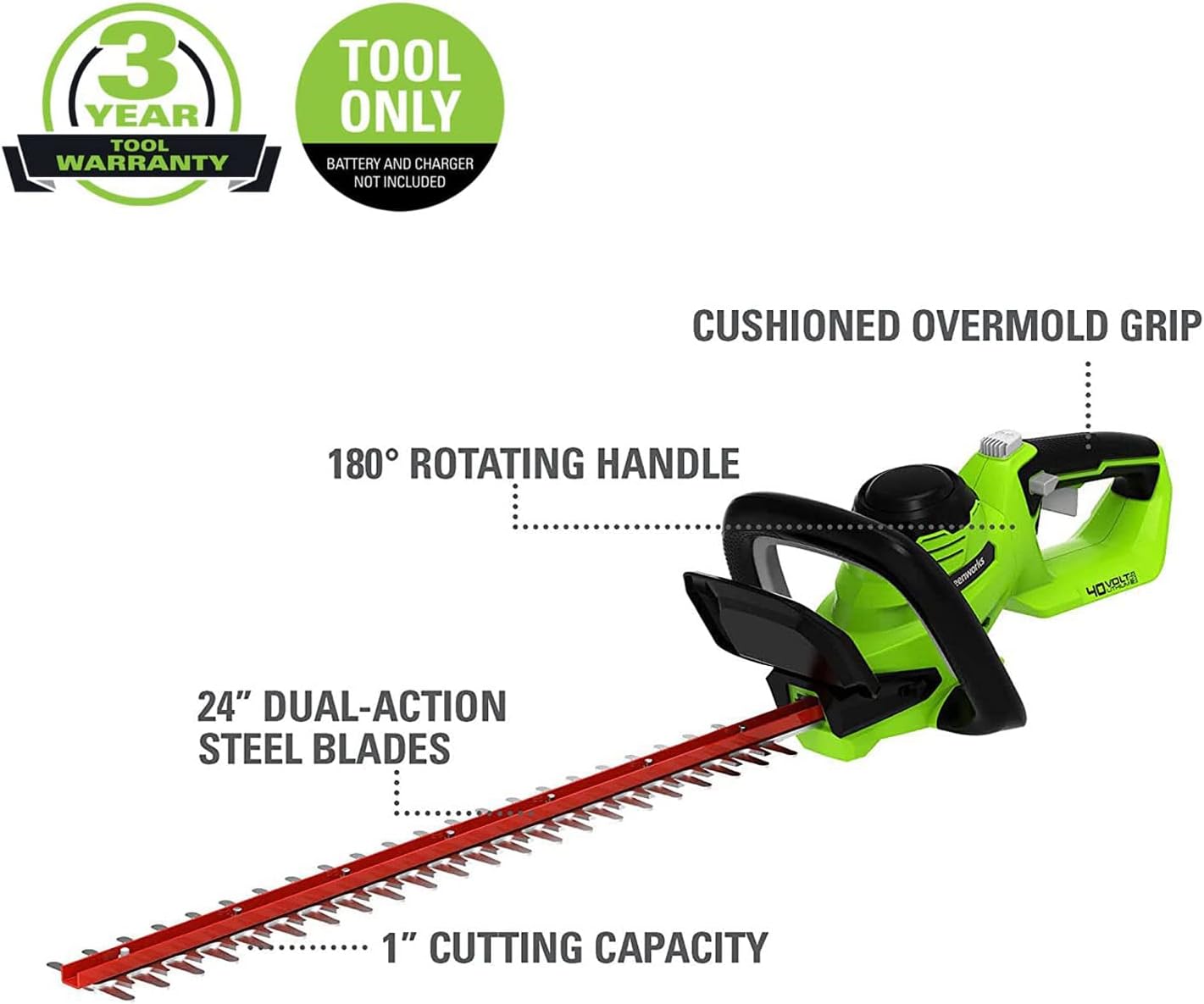 Detalle 2 de Greenworks Cordless Hedge Trimmer 24-Inch