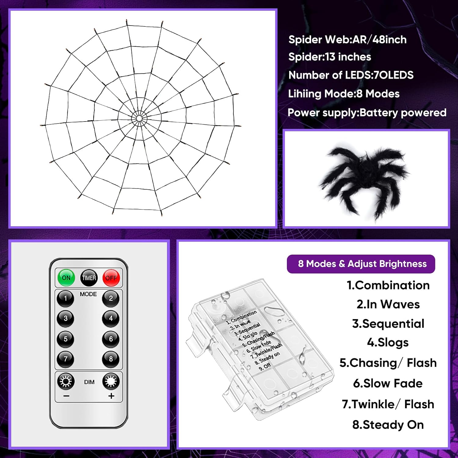 Detalle 1 de LCHUANG YZZW-001 Halloween Spider Web Lights, 4-Foot Purple and Orange LED Set