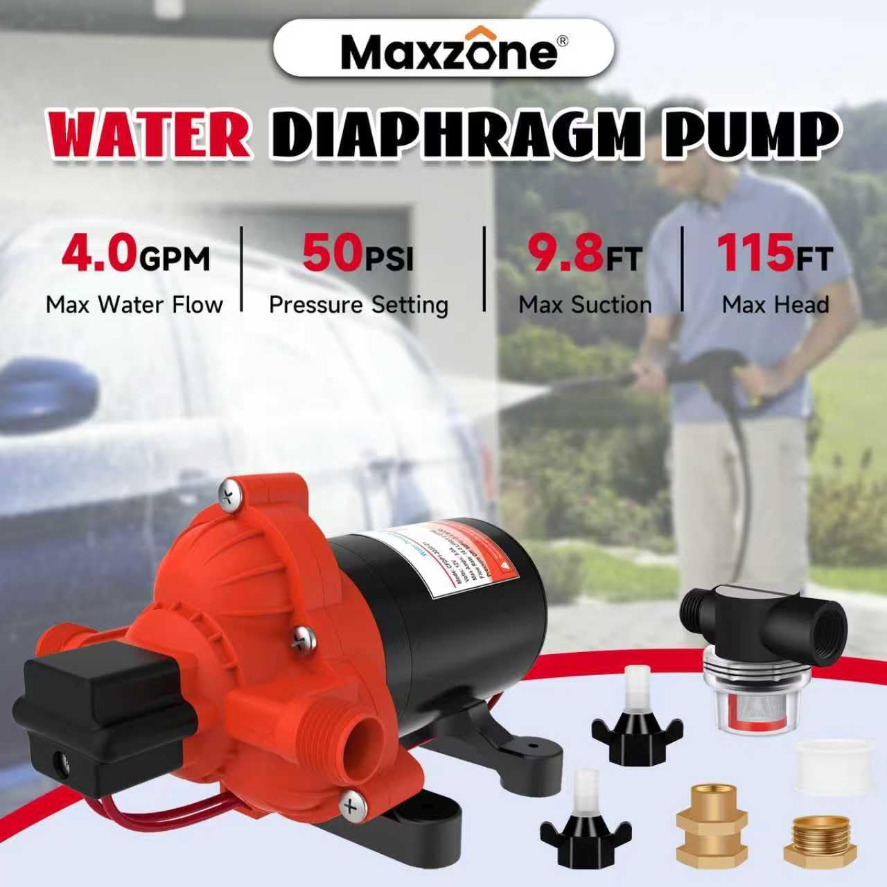 Detalle de RV Fresh Water Diaphragm Pump 12V DC, 4.0 GPM, 50 PSI — On-Demand Self-Priming for RVs, Boats, and Campers
