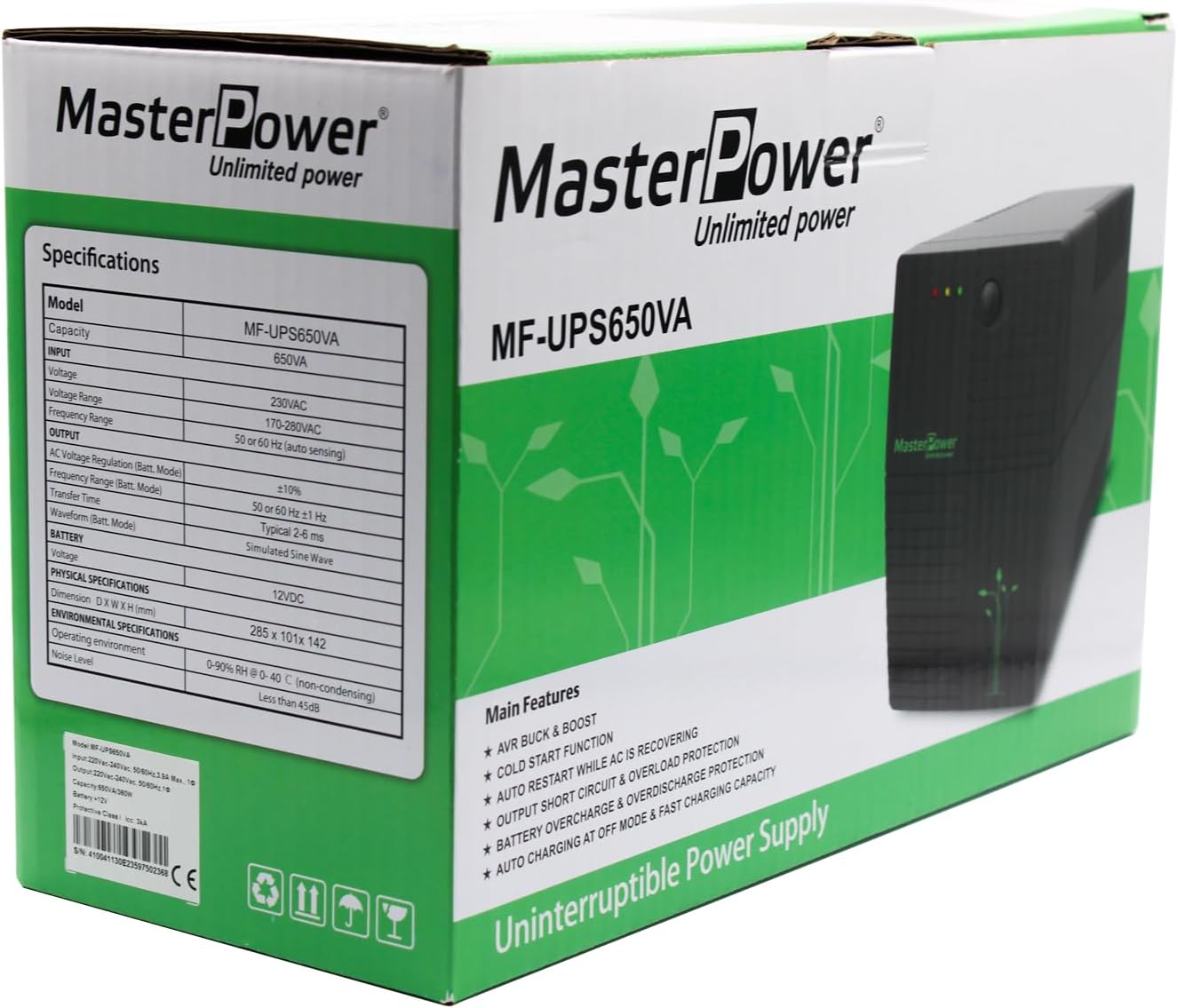 Detalle de Master U-Power MF-UPS650VA – zasilacz UPS 650 VA, 360 W, 2 gniazda Schuko