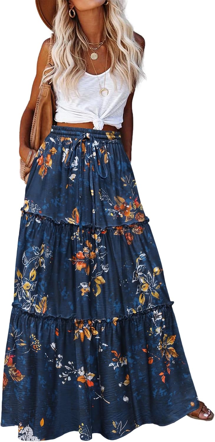 Detalle de Zeagoo Jupe Longue Femme Été – Taille haute élastique, A-line, avec poches
