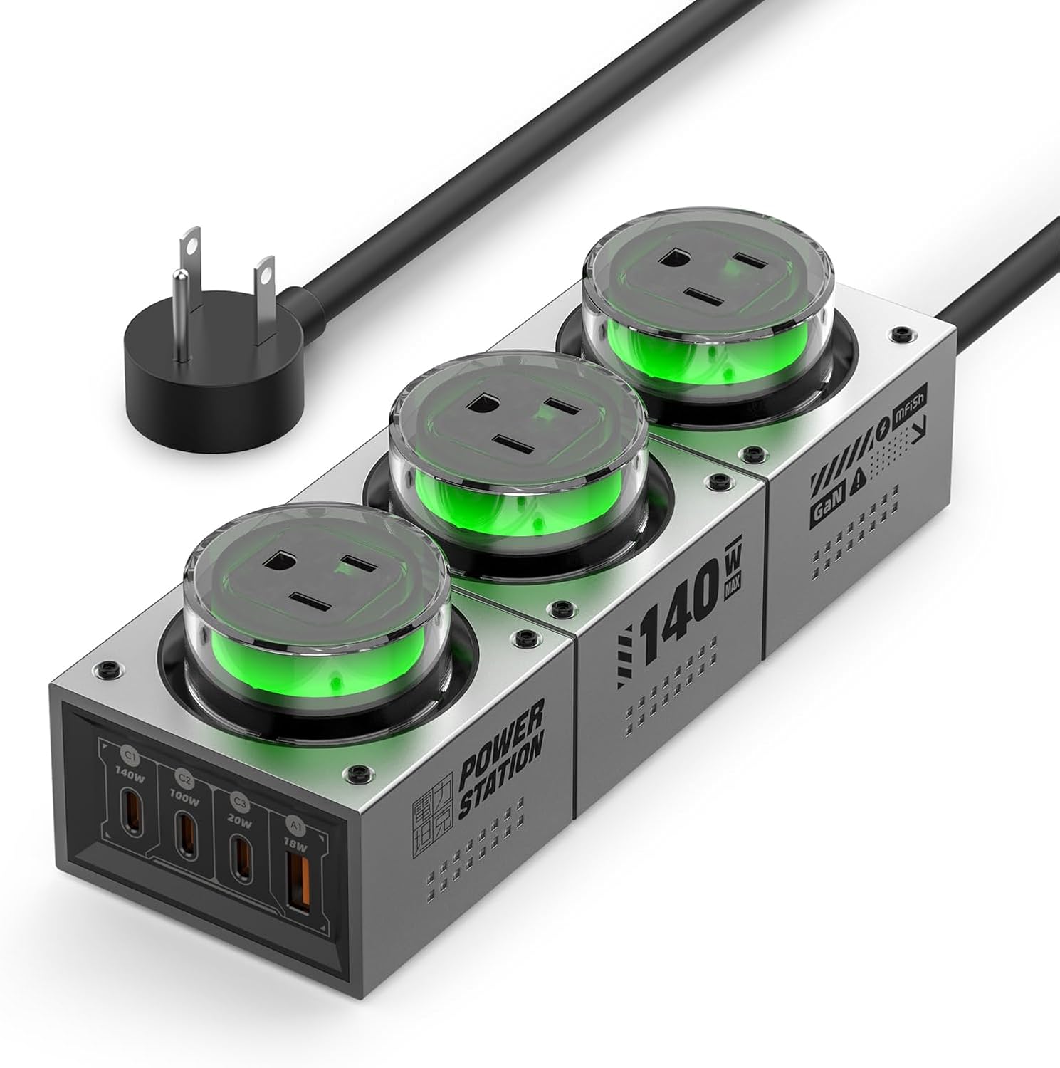 Detalle de Mfish E-Tank 140W GaN Desktop Charging Station (7-in-1) with 3 AC Outlets and 4 USB-C Ports