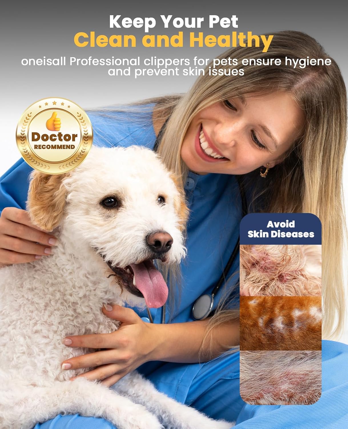 Detalle de Oneisall 3 in 1 Tosatrice per Cani: lame in acciaio, silenziosa e wireless per mantelli spessi