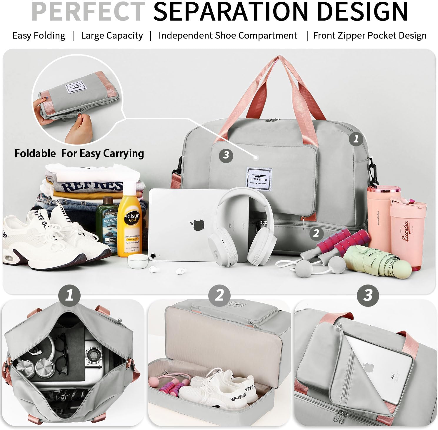 Detalle de FIORETTO Foldable Weekend Bag with Shoe Compartment & Wet Pocket – 45L, Grey & Pink