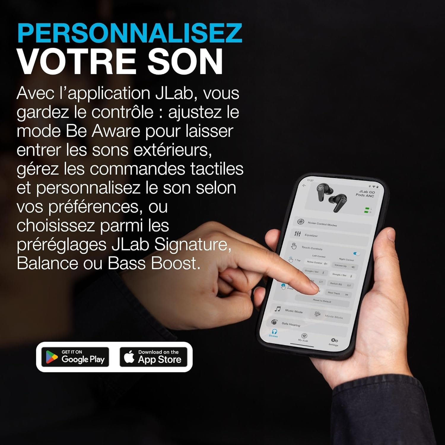 Thumbnail 4 de JLab Go Pods ANC — écouteurs Bluetooth intra-auriculaires avec réduction de bruit hybride, 26 h d’autonomie et IP55