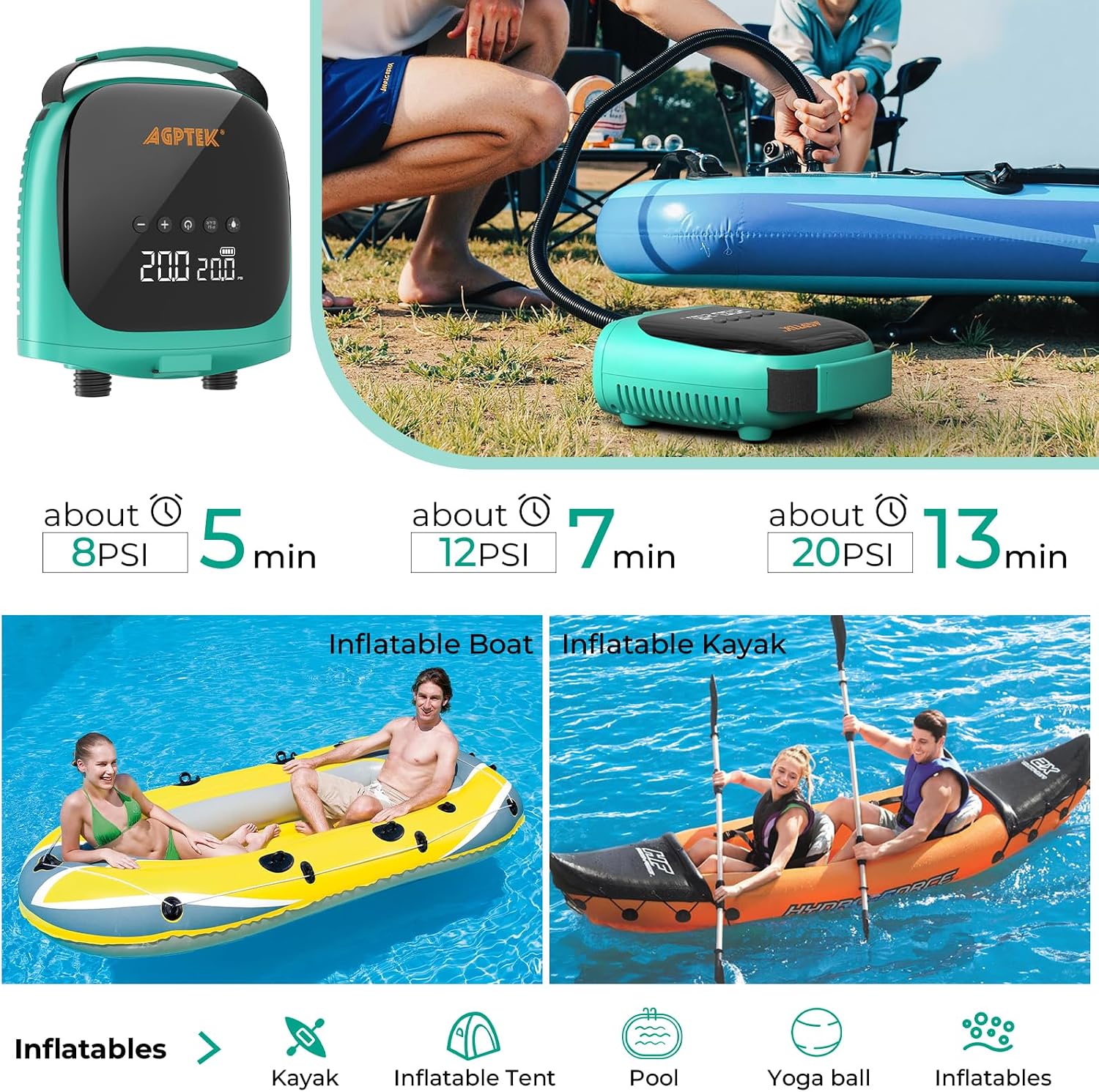 Detalle de AGPTEK Paddle Board Pump: 4000mAh Battery, 20 PSI, Car-Charger Power for Inflatable SUPs