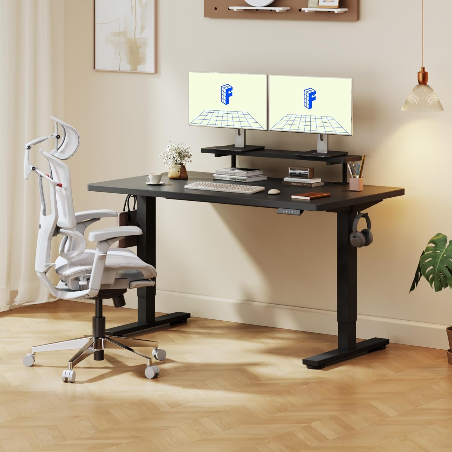 Detalle de FLEXISPOT Bureau Assis-Debout 140x60 cm avec Rehausseur d’Écran, Rangement et Mémoire – Noir