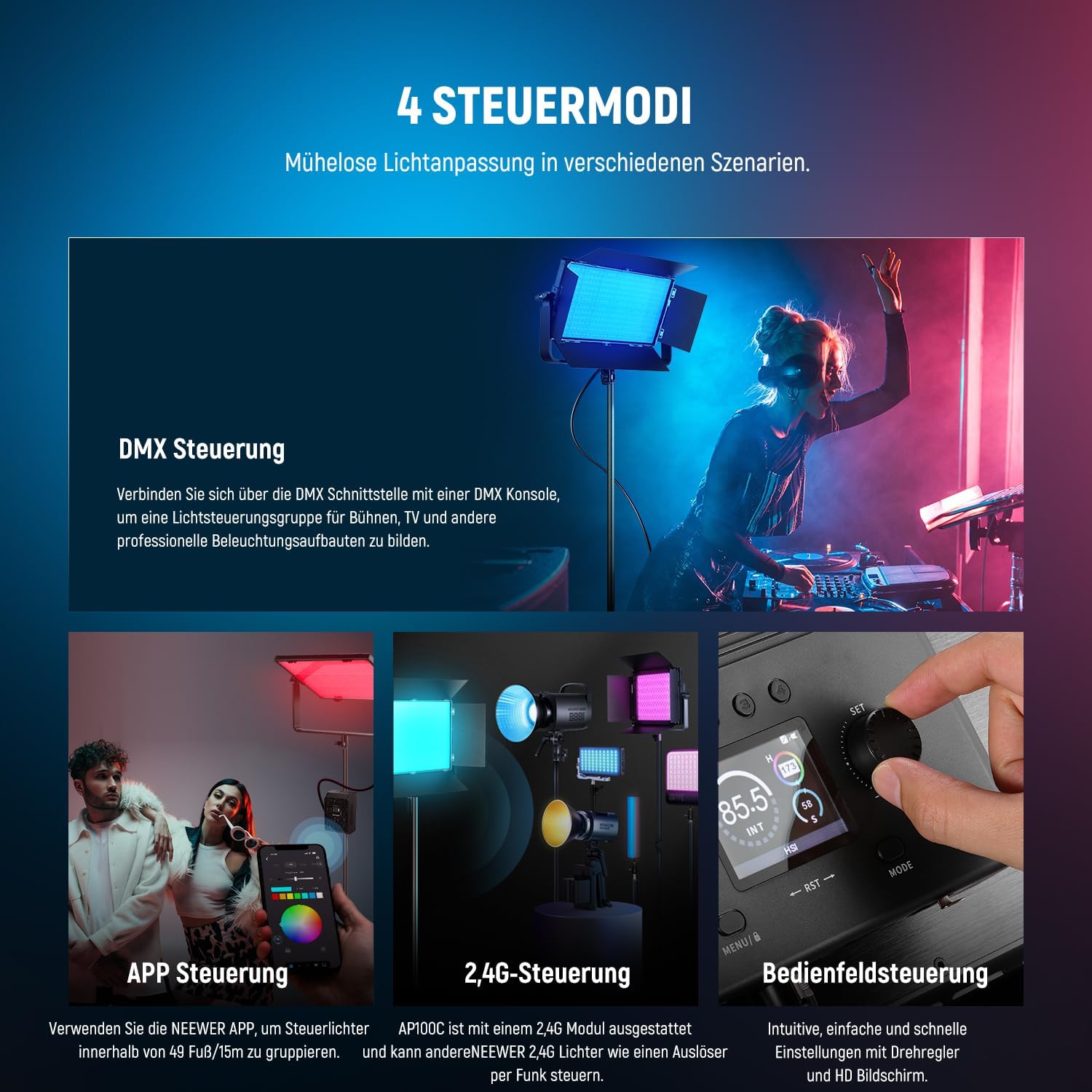 Thumbnail 5 de NEEWER AP100C 105W RGB LED Panel Videoleuchte Set (DMX, App 2,4G) mit Abschirmklappen